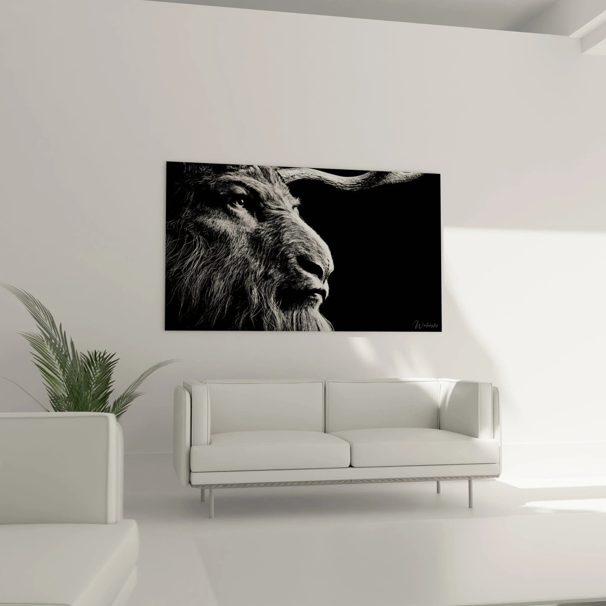 Gros plan tableau lion noir blanc détail artistique portrait animalier texture crinière regard intense