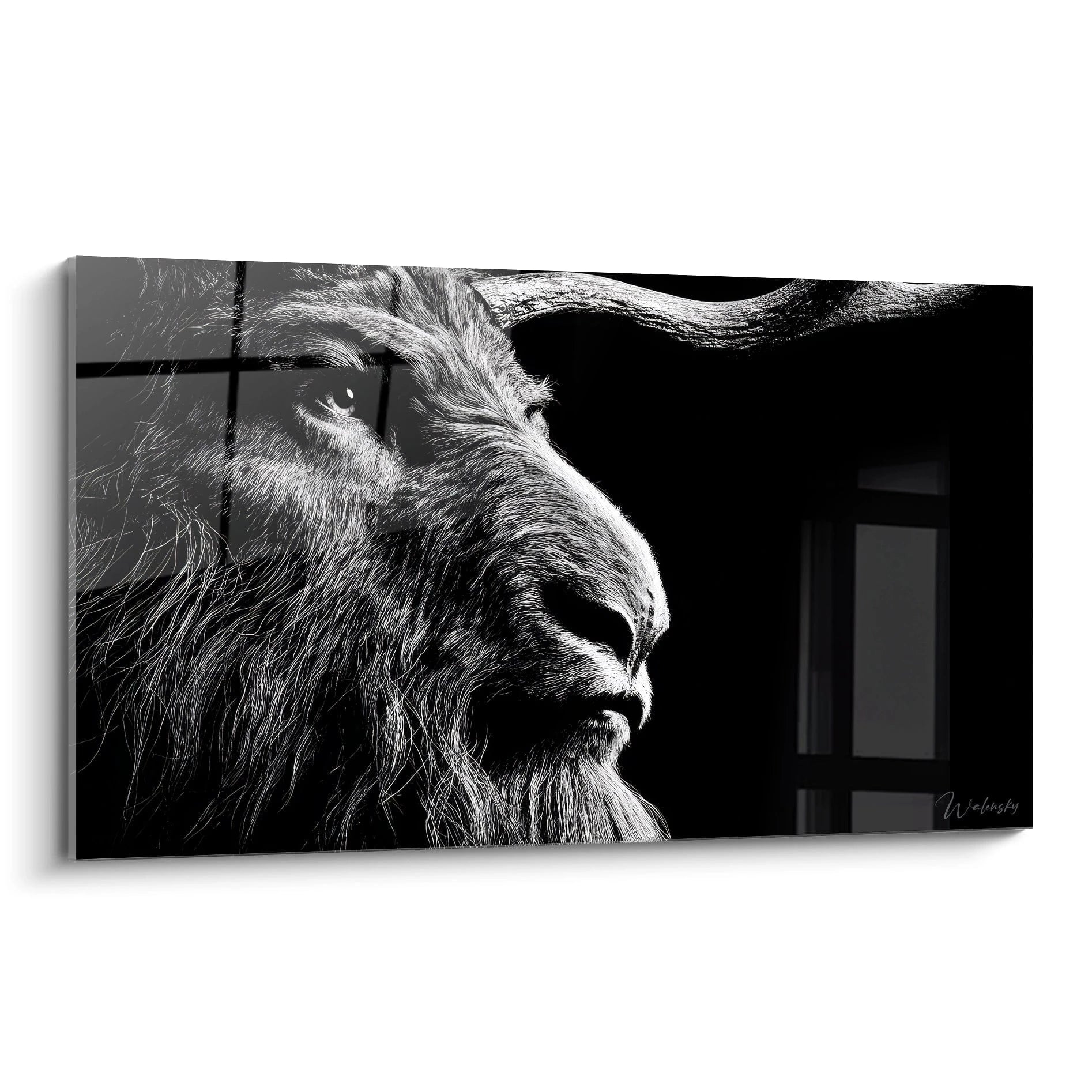 Tableau lion noir et blanc portrait majestueux style photographique décoration murale moderne Mokele-mbembe