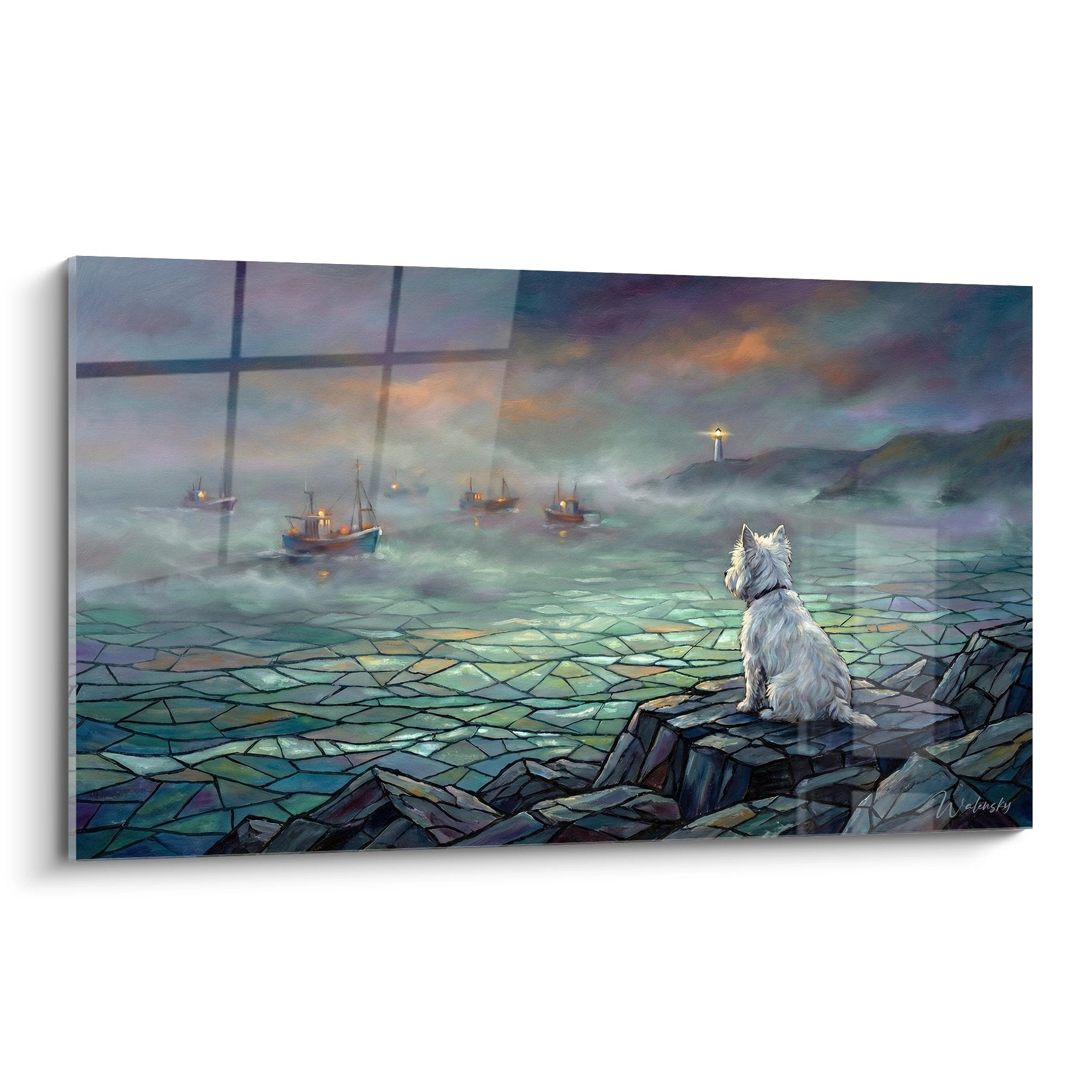 West Highland White Terrier sitzt auf Fliesen mit verschwommenem Hafen, Booten und Leuchtturm im Hintergrund, Blau- und Goldtöne