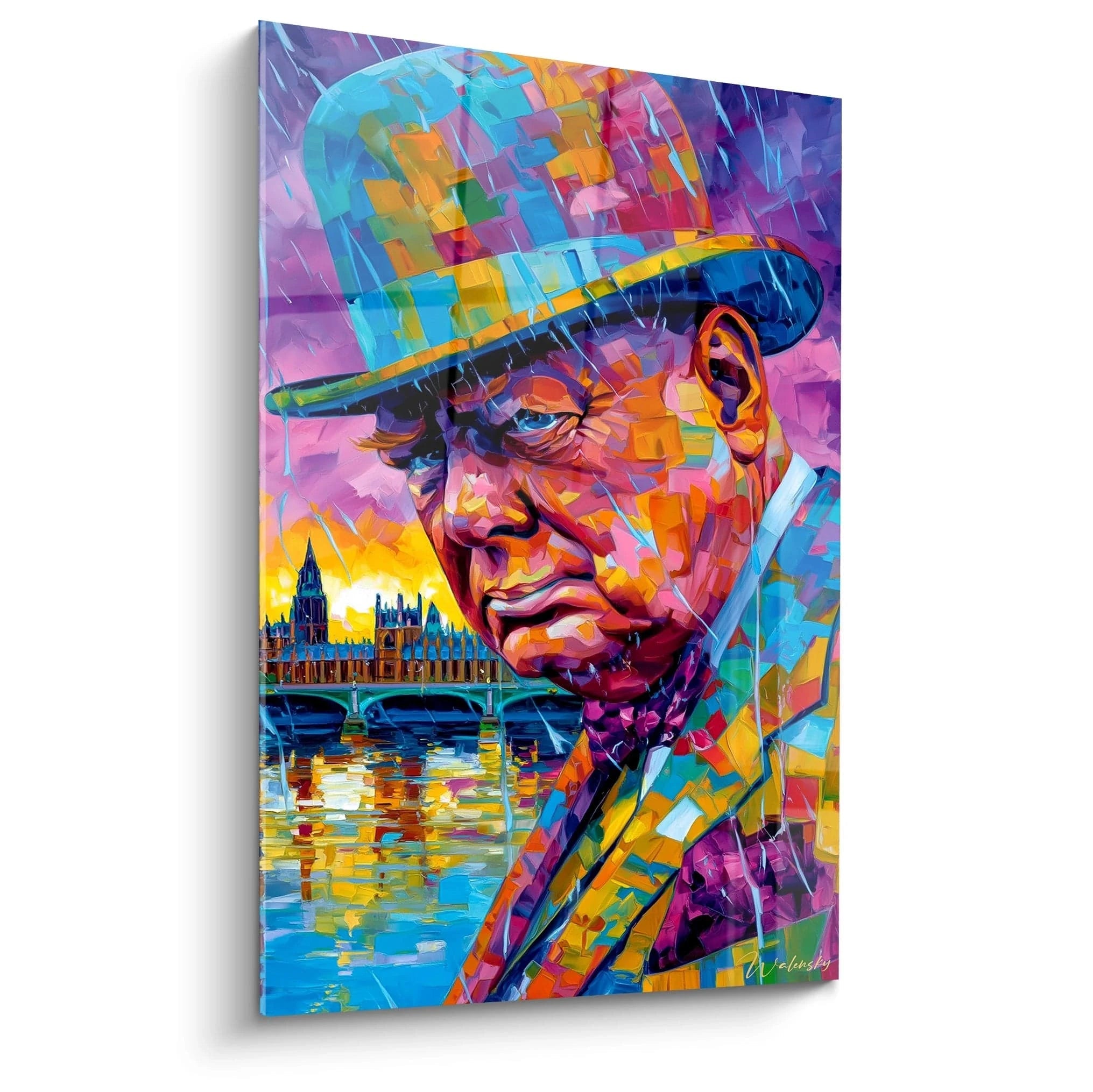 tableau Winston Churchill contemporain grand portrait coloré sur toile par Walensky avec Parlement et reflets sur la Tamise