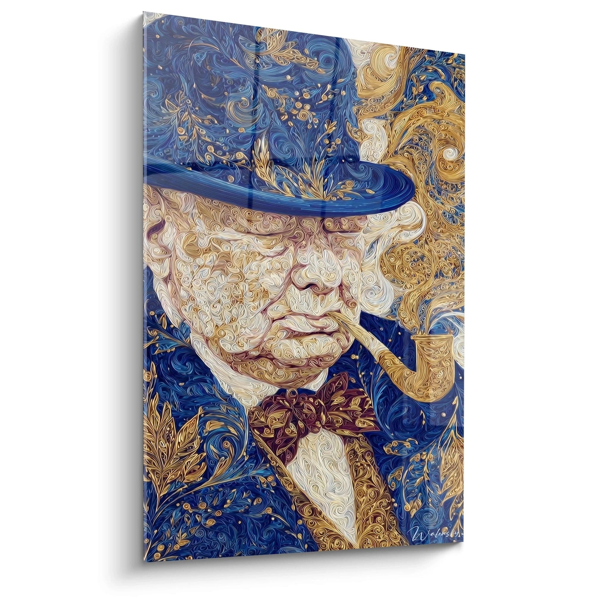 tableau Winston Churchill contemporain Walensky portrait stylise en bleu et or avec chapeau et pipe