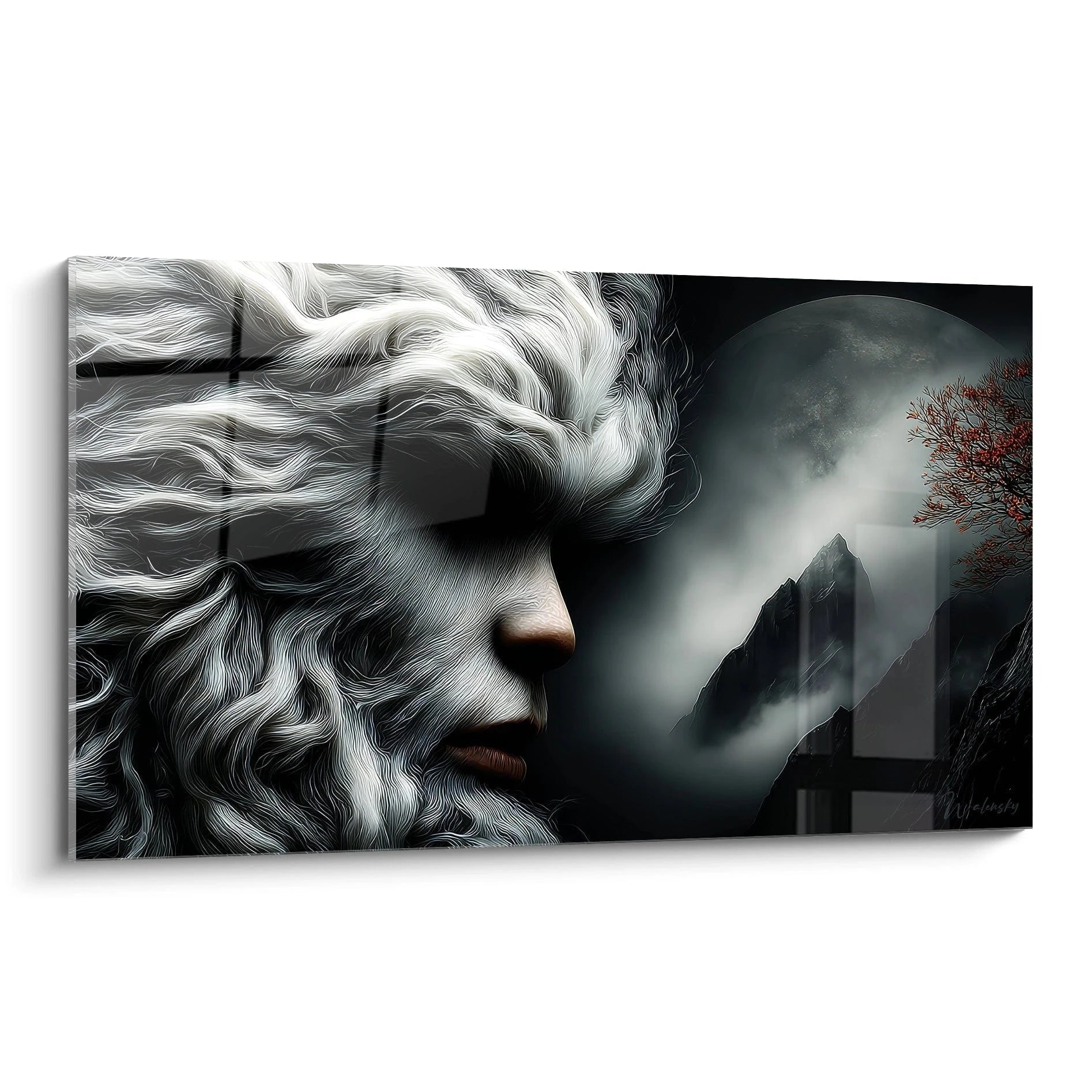 Tableau yeti mystique profil gardien montagnes paysage alpin brumeux art fantastique moderne décoration murale