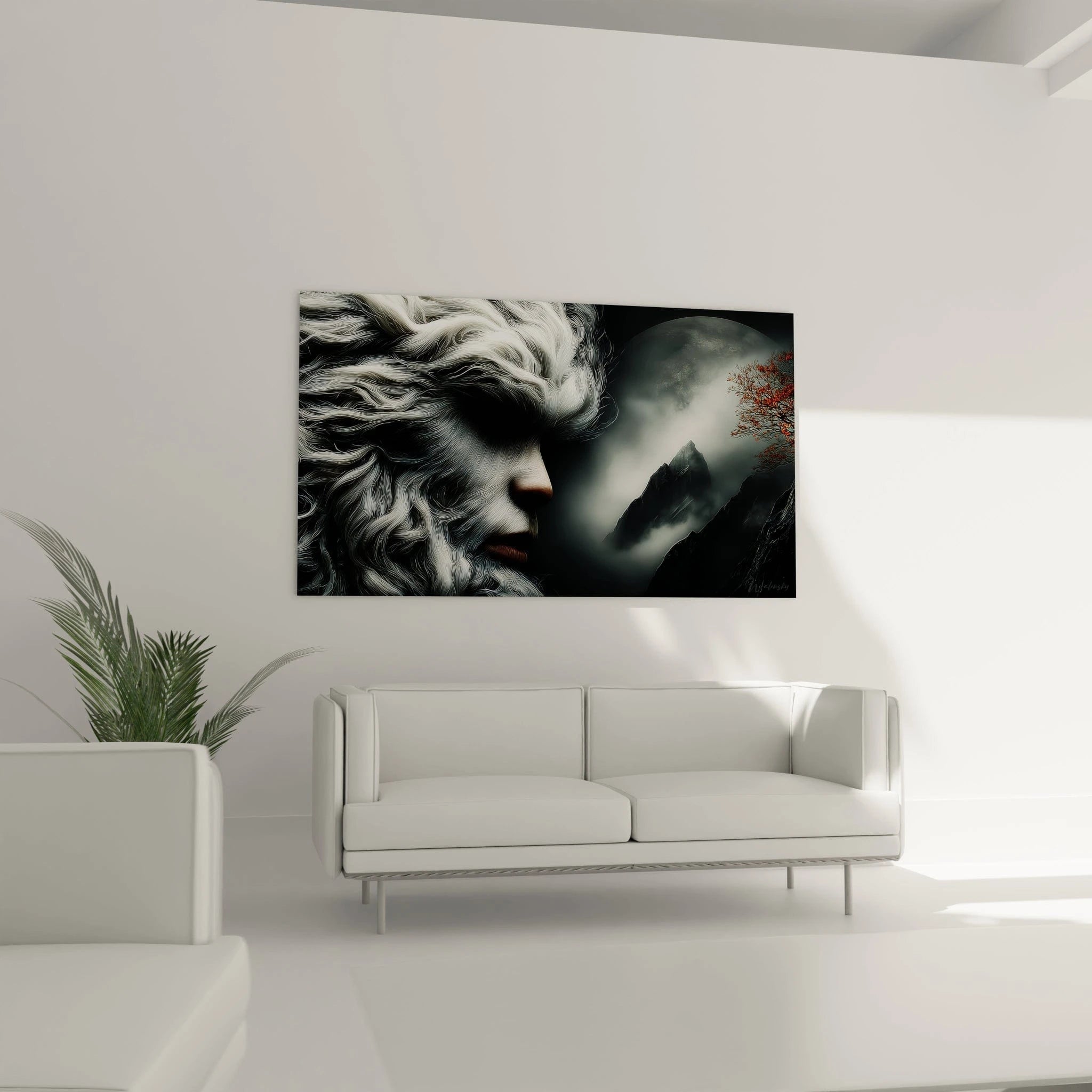 Gros plan tableau yeti cheveux blancs profil mystique détails artistiques œuvre fantastique montagnarde qualité