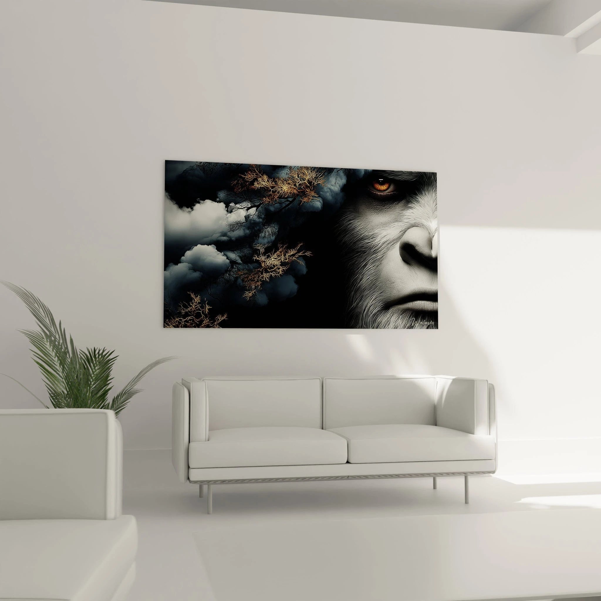 Gros plan tableau yeti détail regard orange hypnotisant et texture pelage réaliste art fantastique