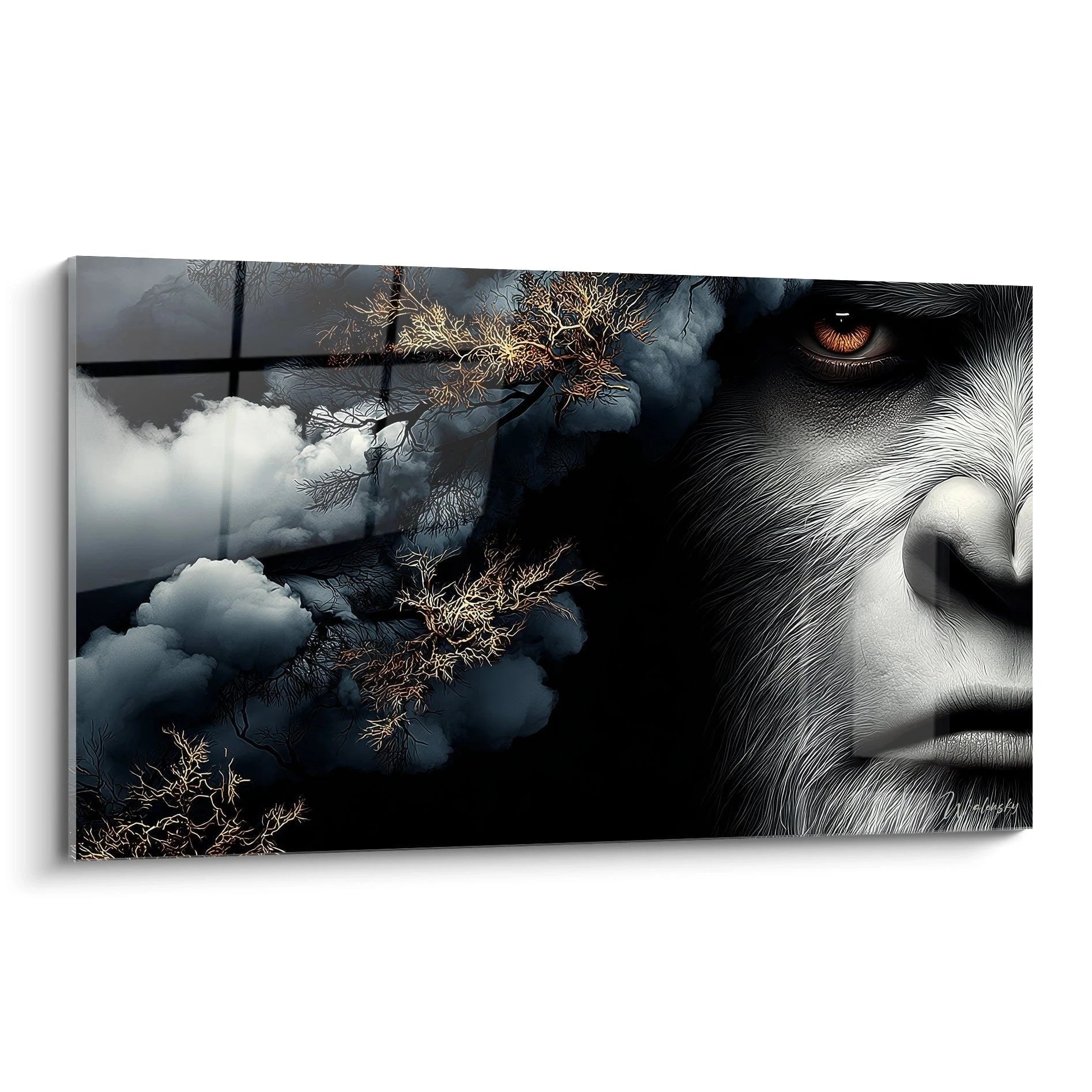 Tableau mural yeti mystique au regard orange perçant avec paysage hivernal dramatique edition premium