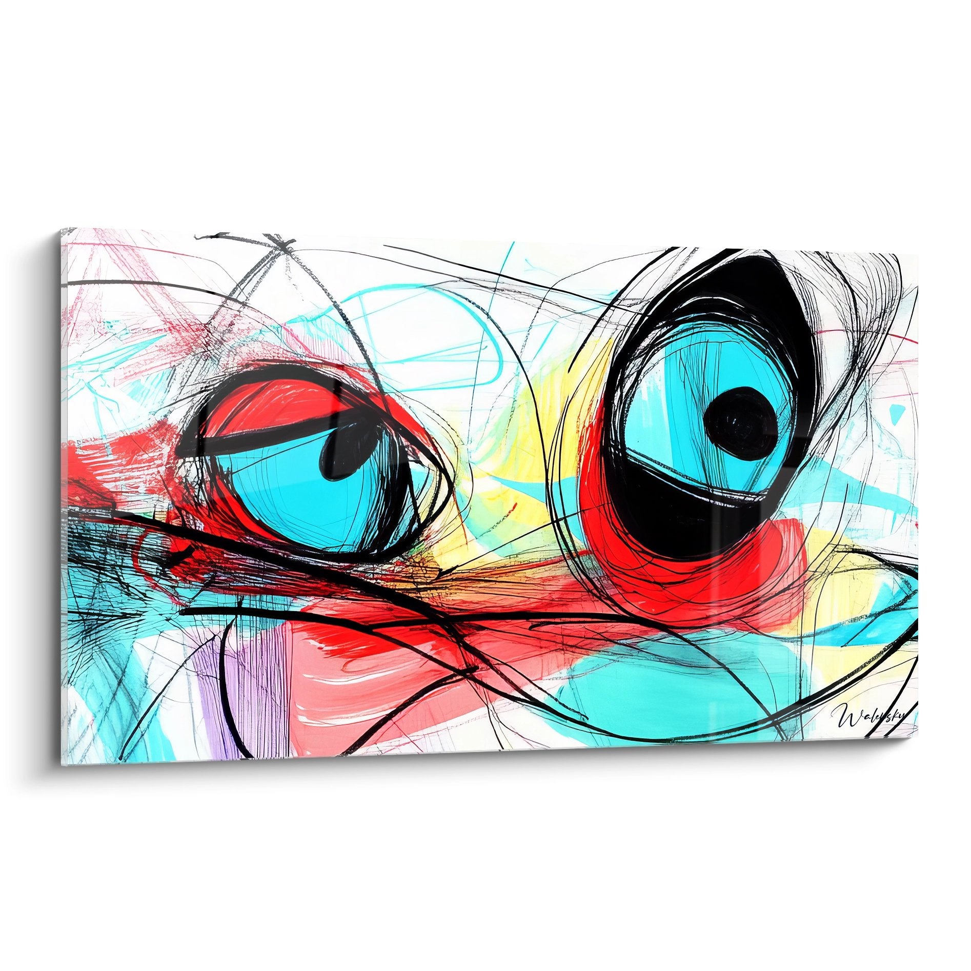 Tableau mural yeux abstraits colorés avec lignes noires dynamiques sur fond blanc