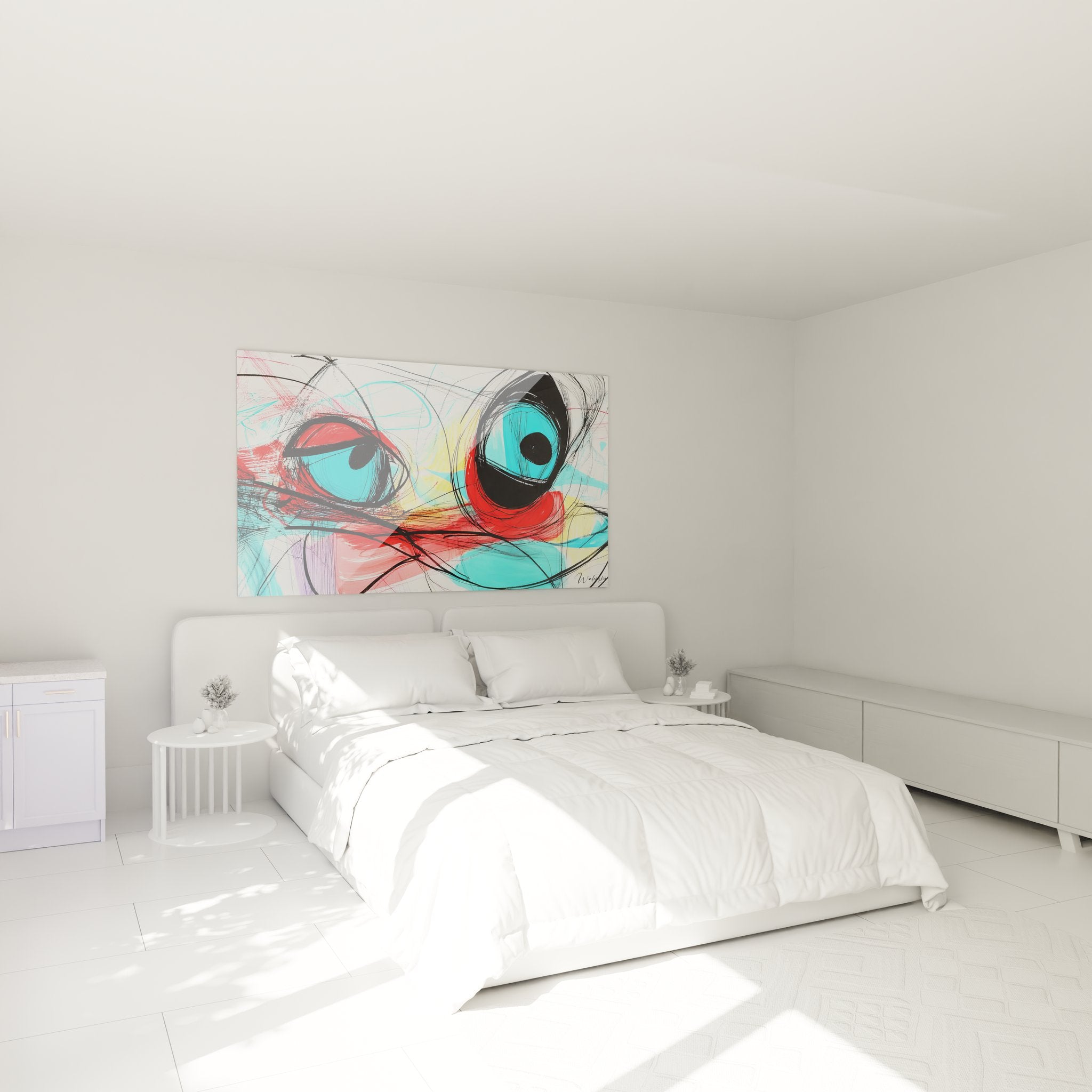 Tableau yeux abstraits décorant une chambre moderne avec couleurs vives turquoise rouge