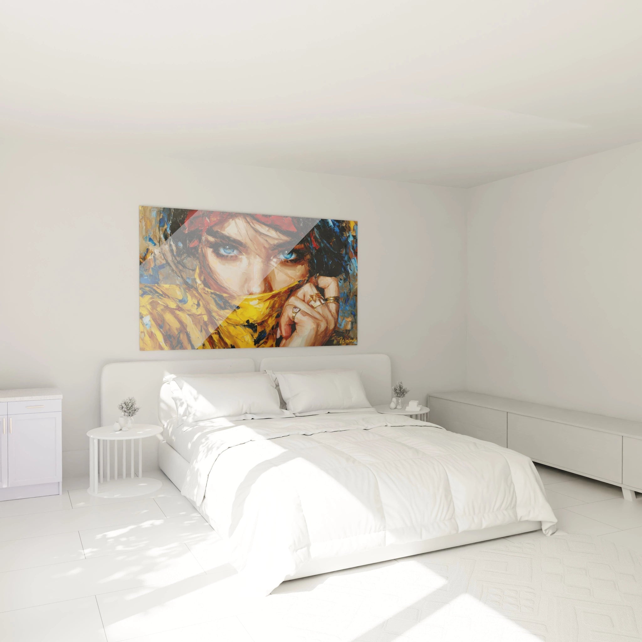 Tableau mural yeux bleus orientale avec une femme mystérieuse sur fond coloré dans une chambre moderne