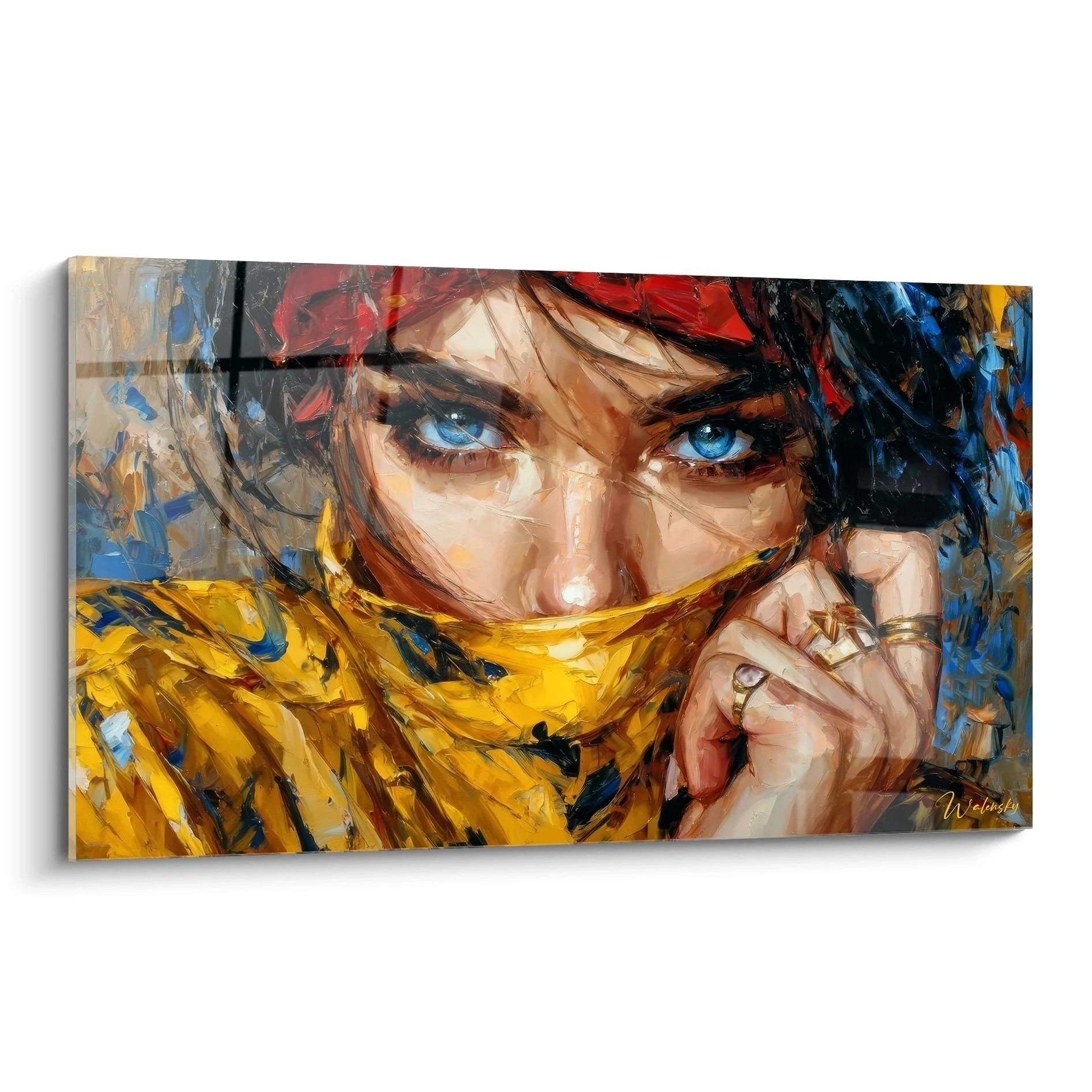 Tableau mural yeux bleus orientale avec un portrait vibrant et expressif d'une femme mystérieuse