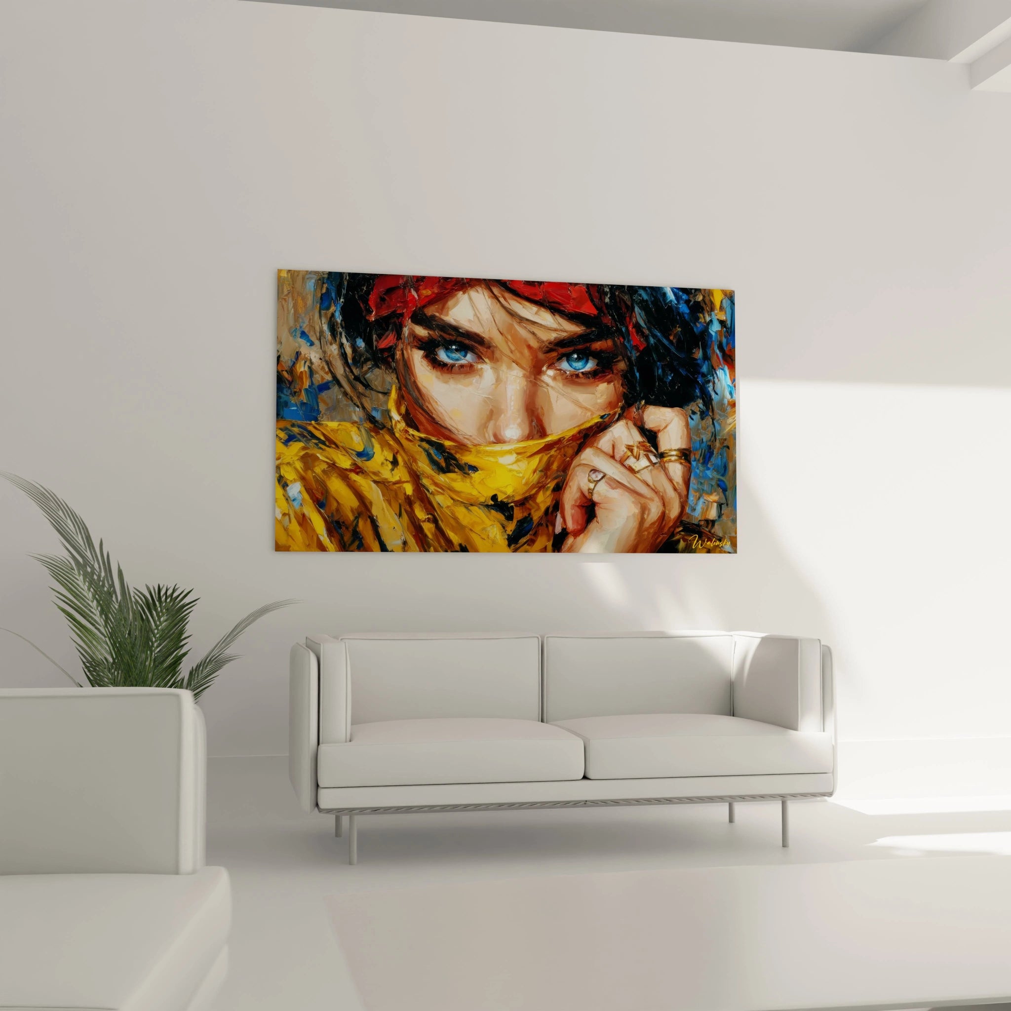 Tableau yeux bleus orientale avec une femme cachant son visage, décor mural moderne par Walensky