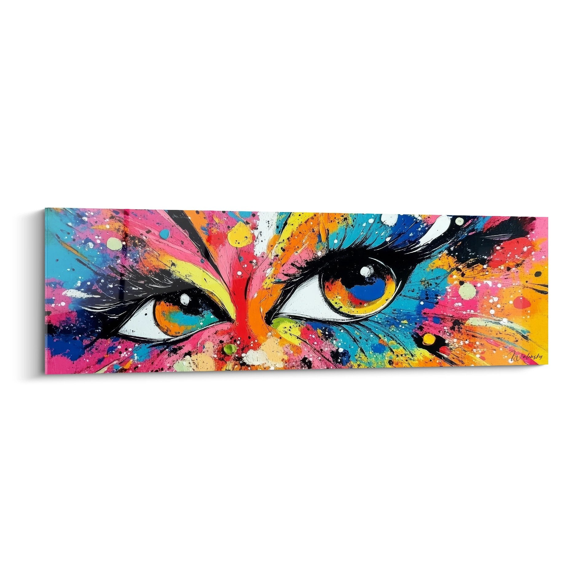 Tableau yeux colorés abstraits avec explosion de couleurs vives et cils stylisés sur fond multicolore