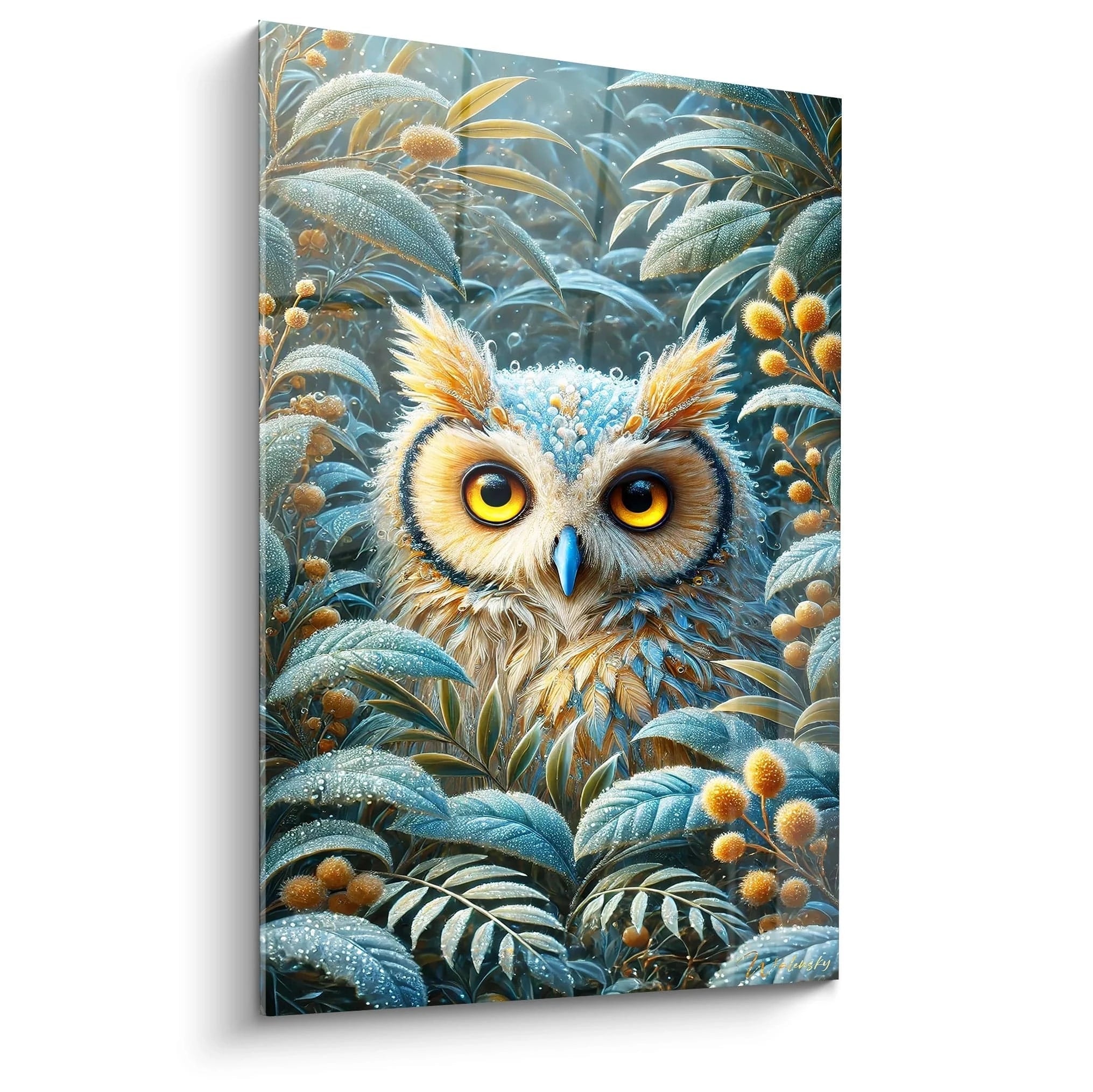 Ce tableau hibou vu de biais met en valeur ses plumes minutieusement détaillées et son fond texturé richement travaillé. Un parfait ajout pour ceux qui recherchent une touche artistique de nature mystique.