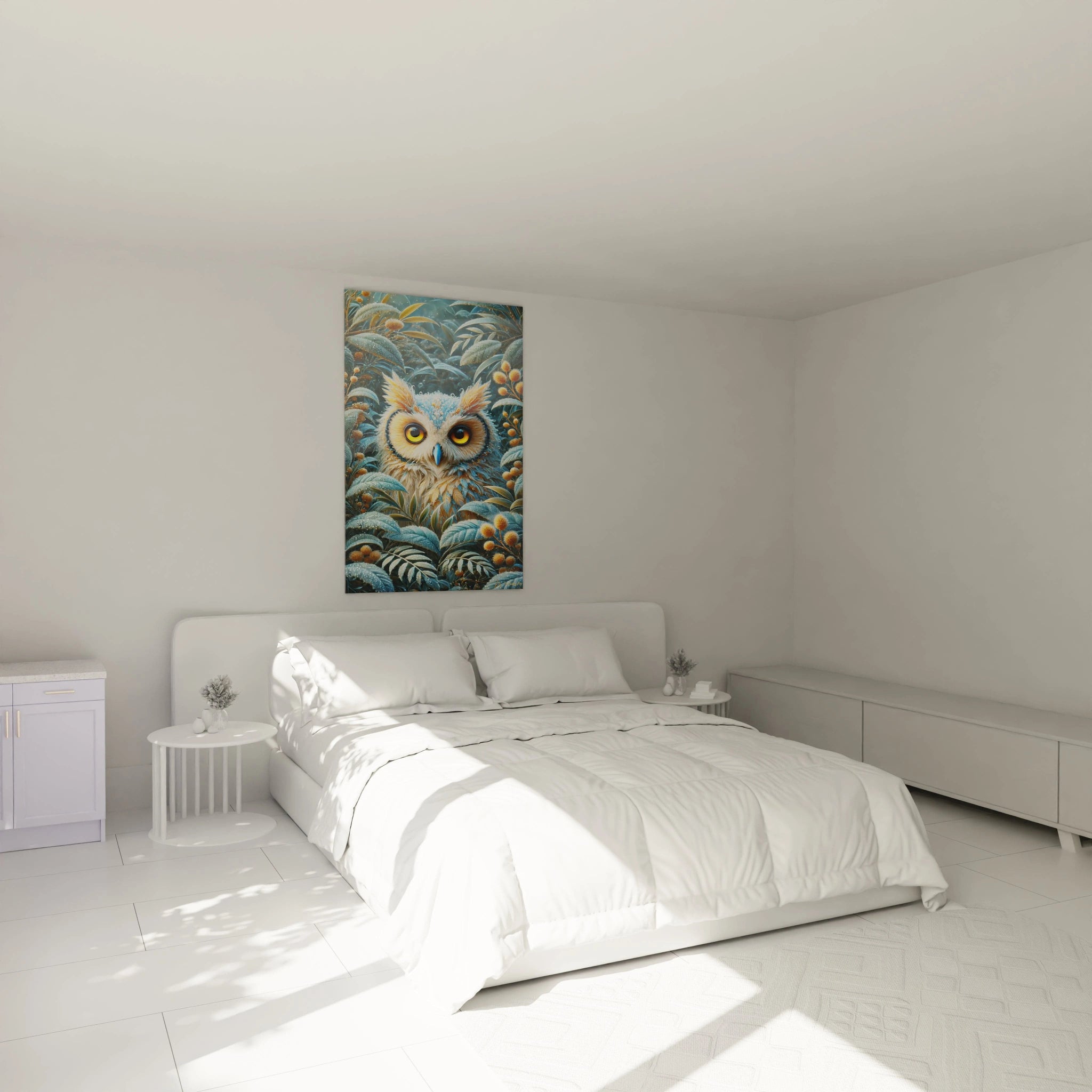 Le tableau hibou dans une chambre apporte une ambiance apaisante et naturelle au-dessus du lit, avec ses couleurs bleues et jaunes qui créent une harmonie idéale pour un espace de détente.