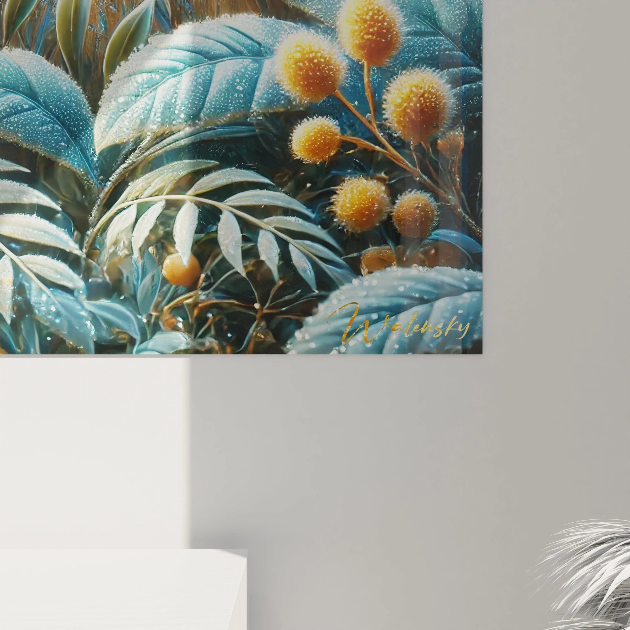 Vue rapprochée du tableau hibou montrant les détails fascinants de ses plumes et le réalisme du feuillage environnant. Une œuvre qui capture la beauté sauvage avec une finesse remarquable.