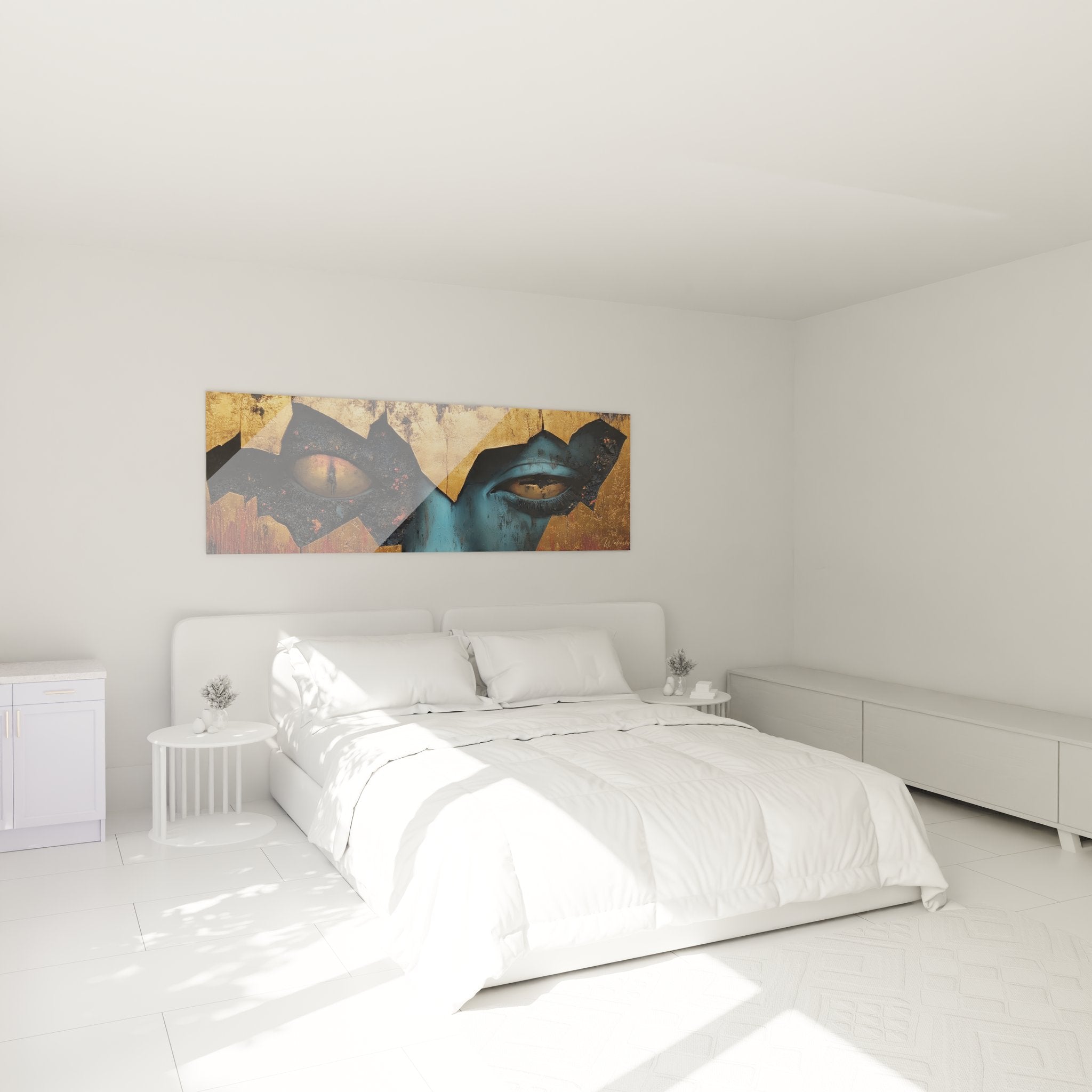 Tableau yeux masqués décoratif dans chambre moderne, art mural figuratif abstrait ambiance