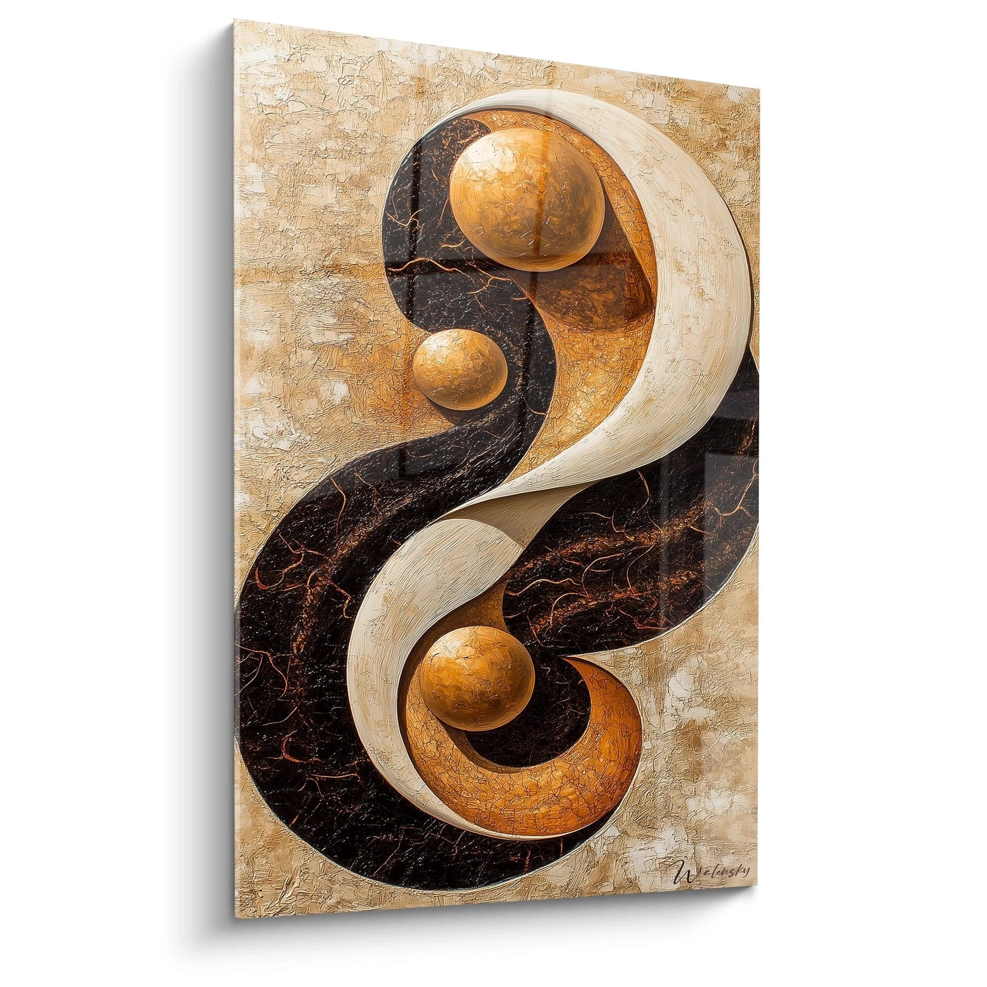 Tableau africain mural abstrait Walensky aux formes courbes et sphères dorées sur fond beige et noir