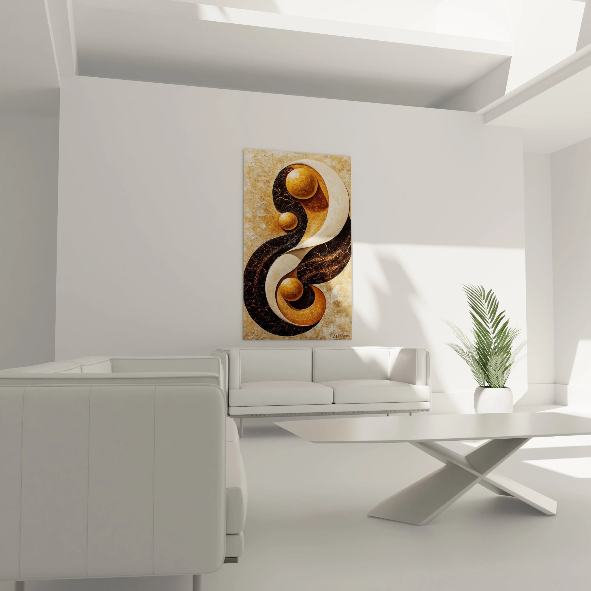 Tableau africain mural Walensky aux formes abstraites marron et beige dans un salon moderne blanc