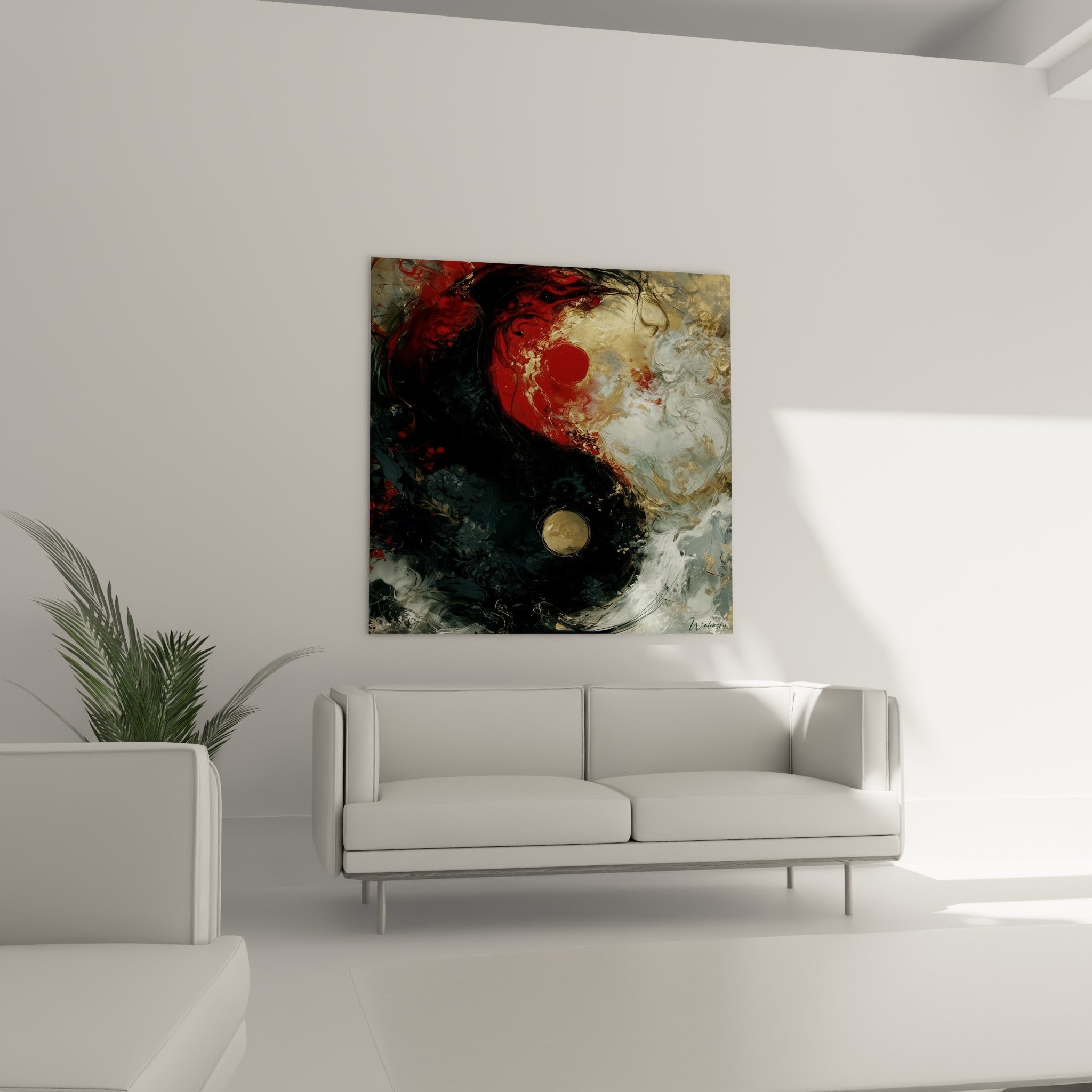 Tourbillons rouge et blanc nacré du symbole Yin Yang, suspendus au-dessus d'un canapé dans un salon lumineux