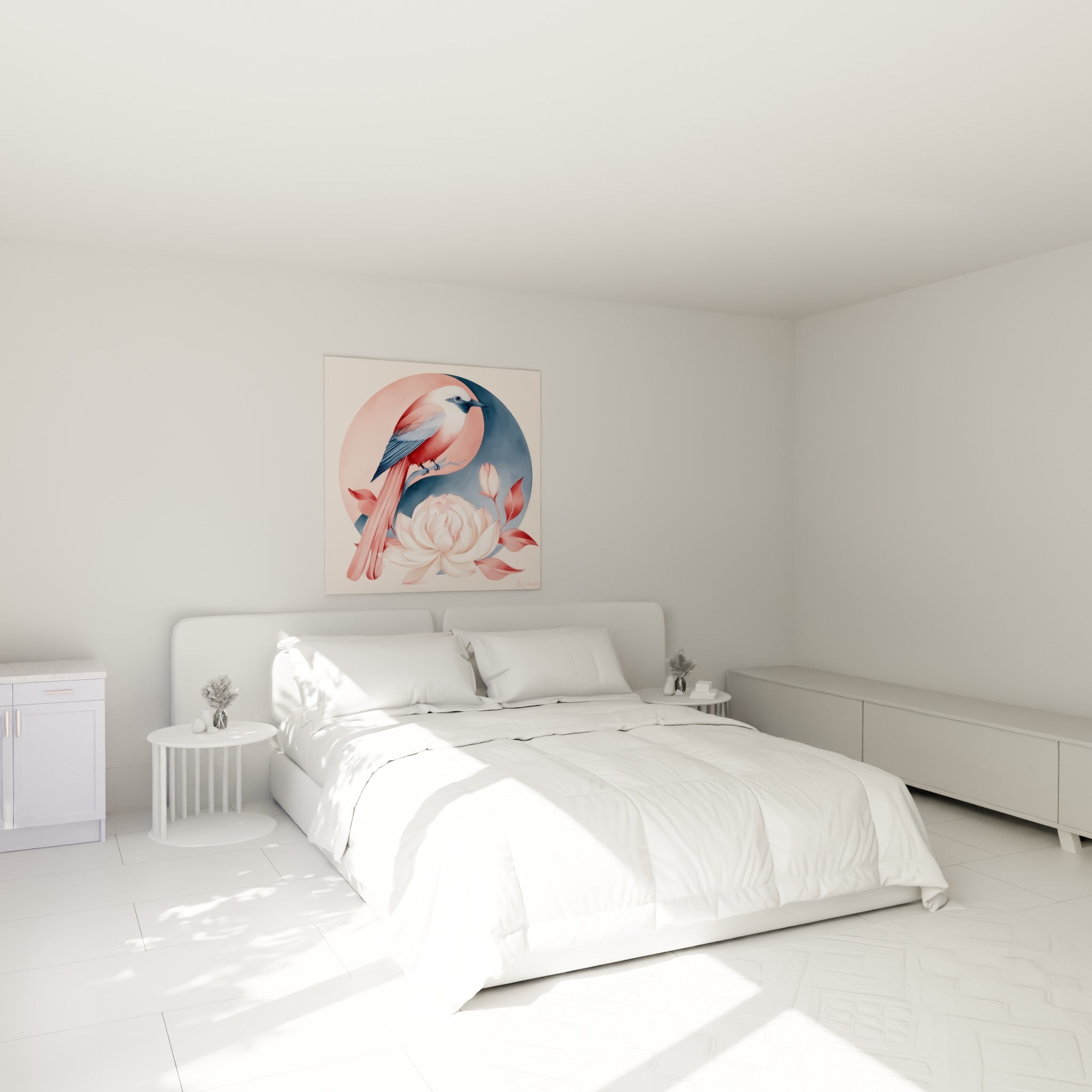 Pivoine blanche et oiseau rosé en cercle Yin Yang, au-dessus d'un lit dans une chambre claire