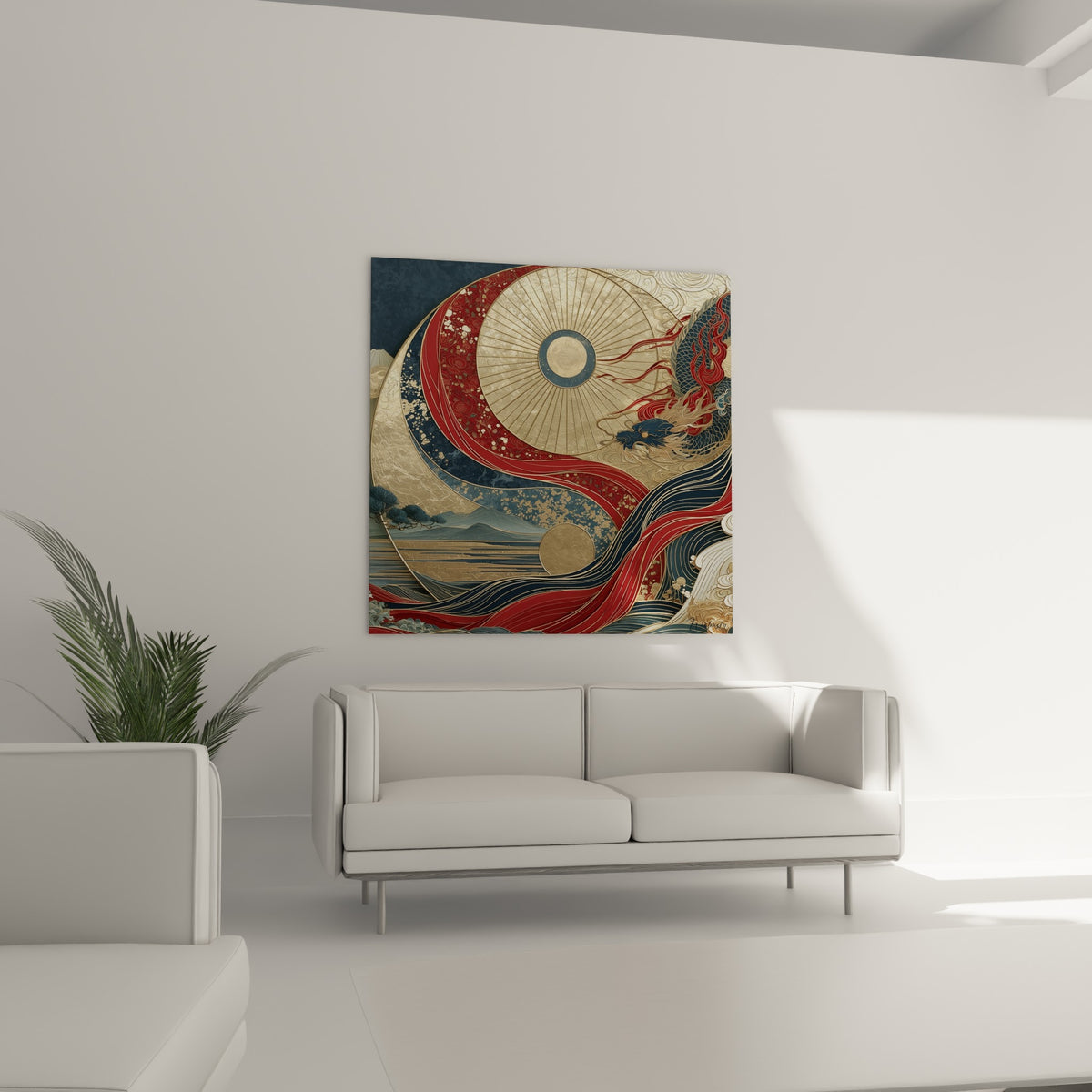Cercle doré et dragon flamboyant du tableau Yin Yang au-dessus d'un canapé dans un salon lumineux