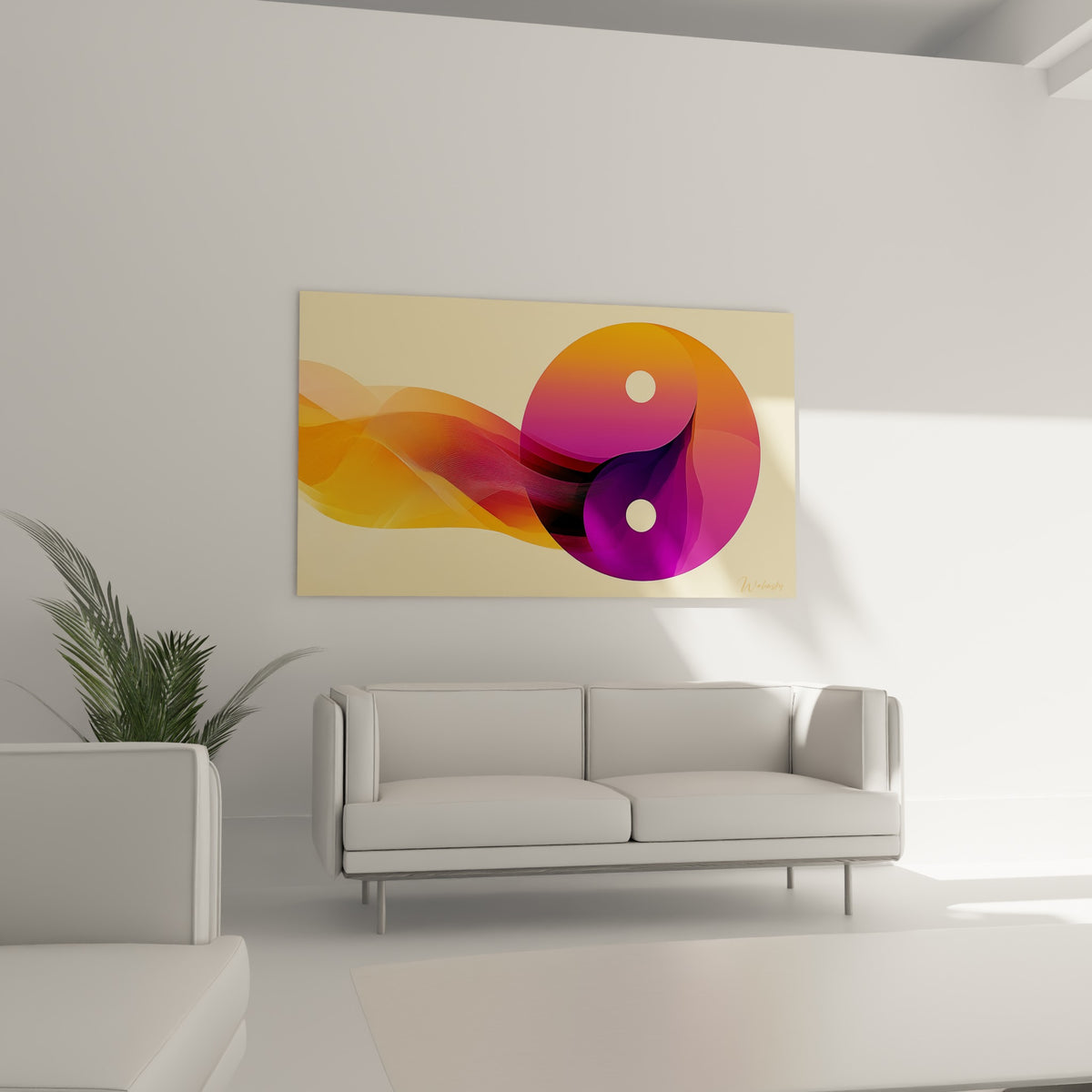 Cercle Yin Yang fuchsia et orangé accroché au-dessus d'un canapé dans un salon lumineux