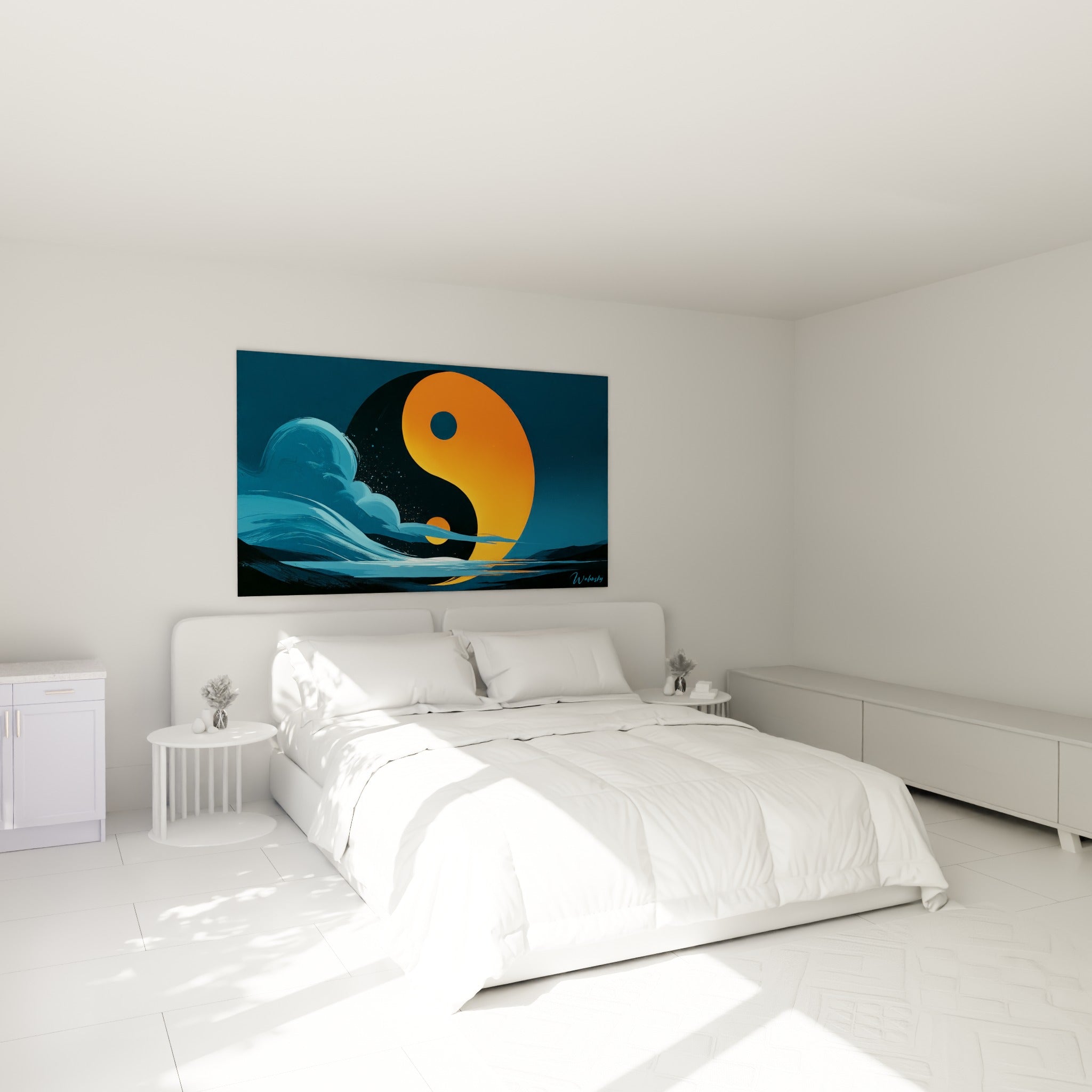 Cercle Yin Yang orange vif sur fond bleu nuit, accroché au-dessus d'un lit dans une chambre claire