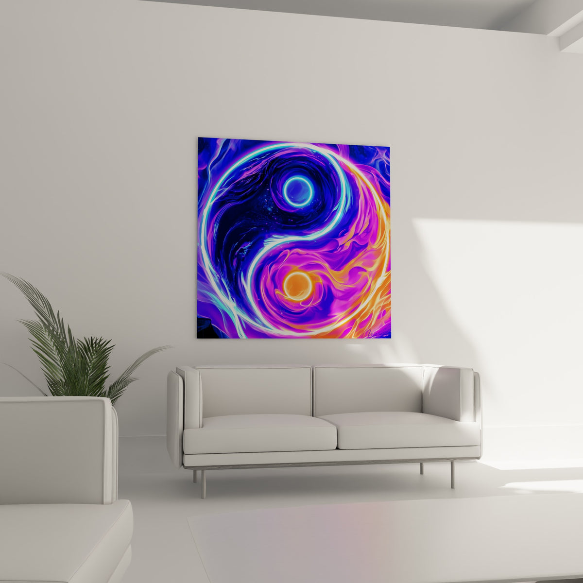 Cercle Yin Yang orange incandescent et bleu cyan tourbillonnant, au-dessus d'un canapé dans un salon lumineux