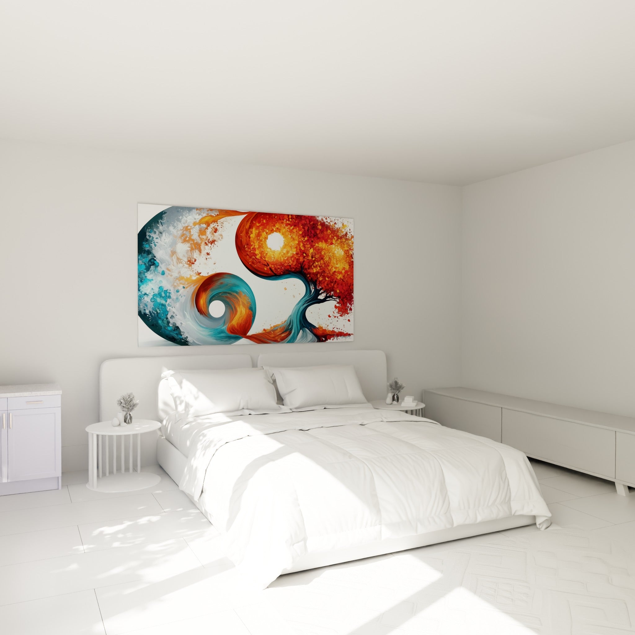 Œuvre Yin Yang bleu turquoise et rouge écarlate accrochée au-dessus d'un lit dans une chambre claire
