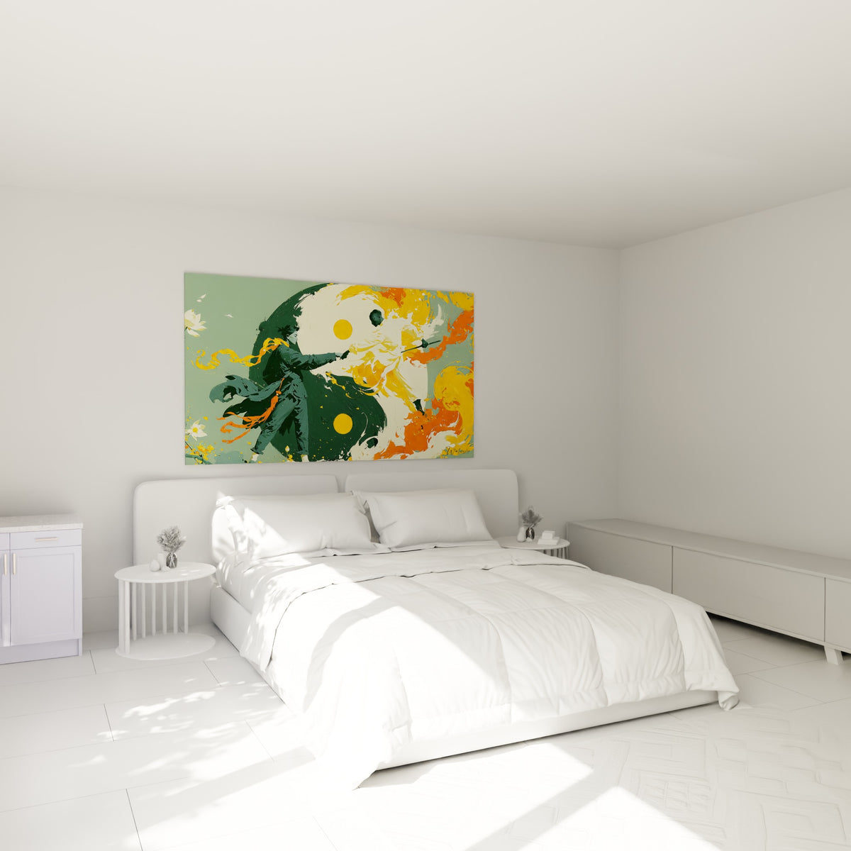 Combattants Yin Yang vert sauge et orange flamboyant accrochés au-dessus d'un lit dans une chambre claire