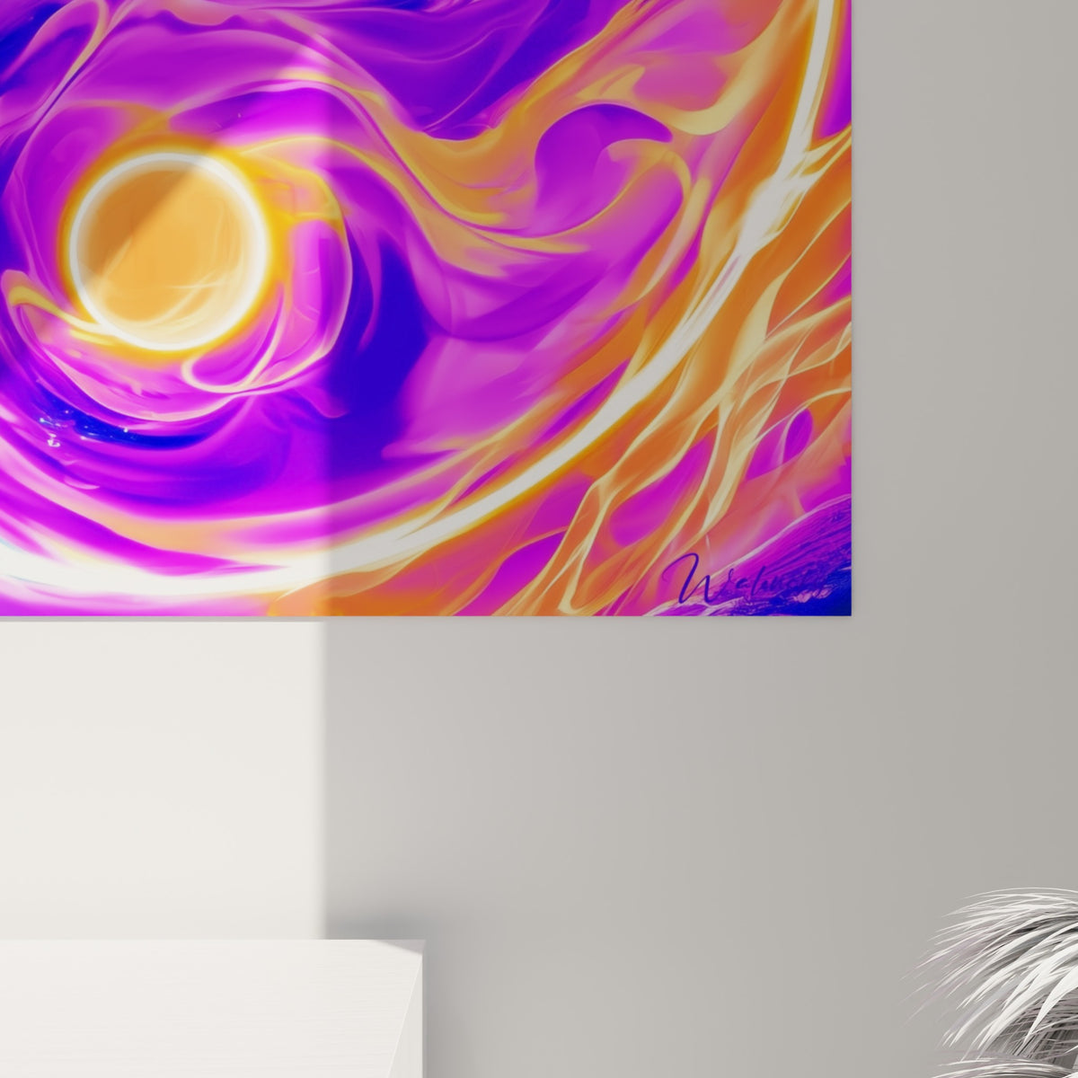 Détail du Yin Yang montrant le grain lumineux, les coulures violettes et les nuances orange fauve entremêlées