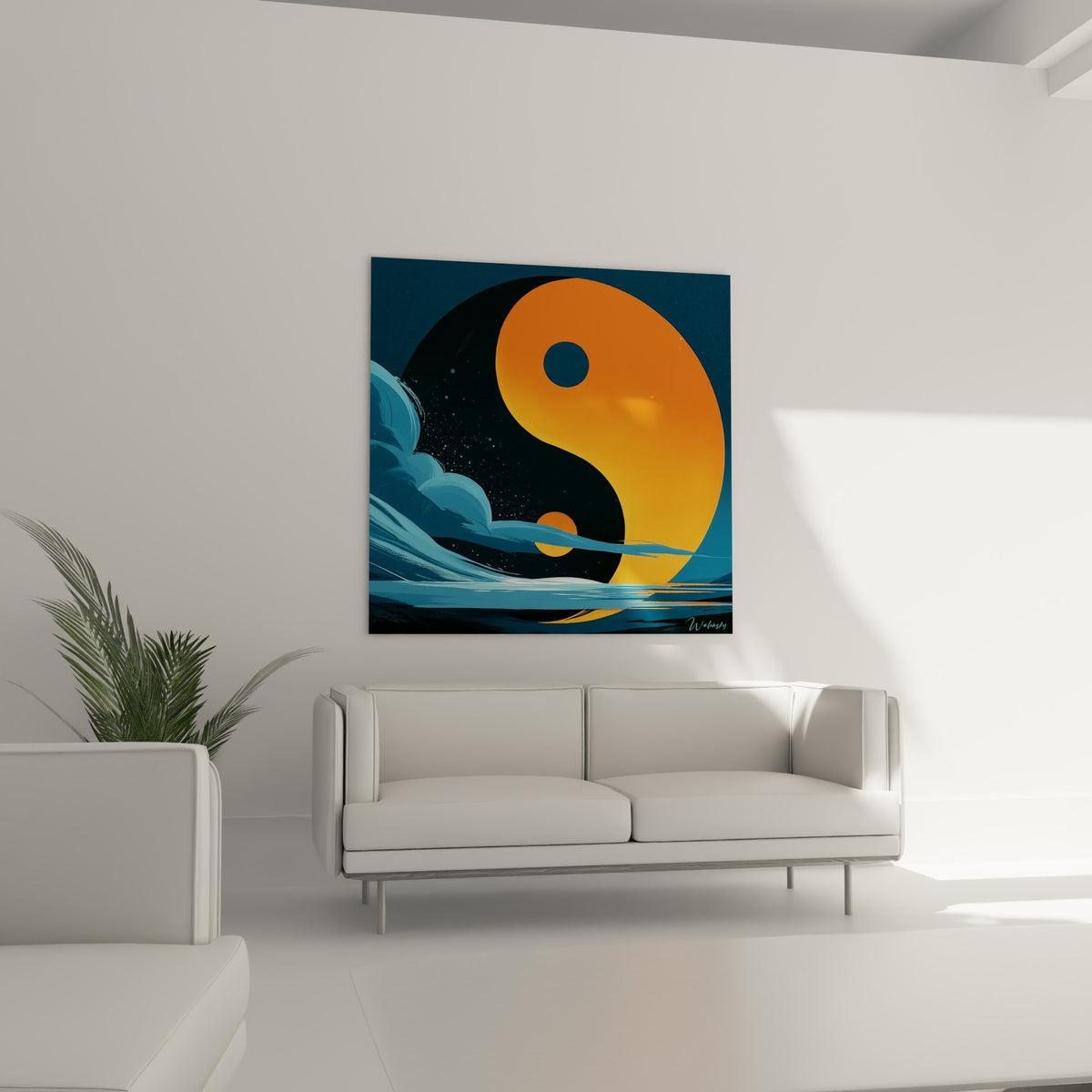 Symbole Yin Yang cuivré et anthracite étoilé, au-dessus d'un canapé dans un salon lumineux