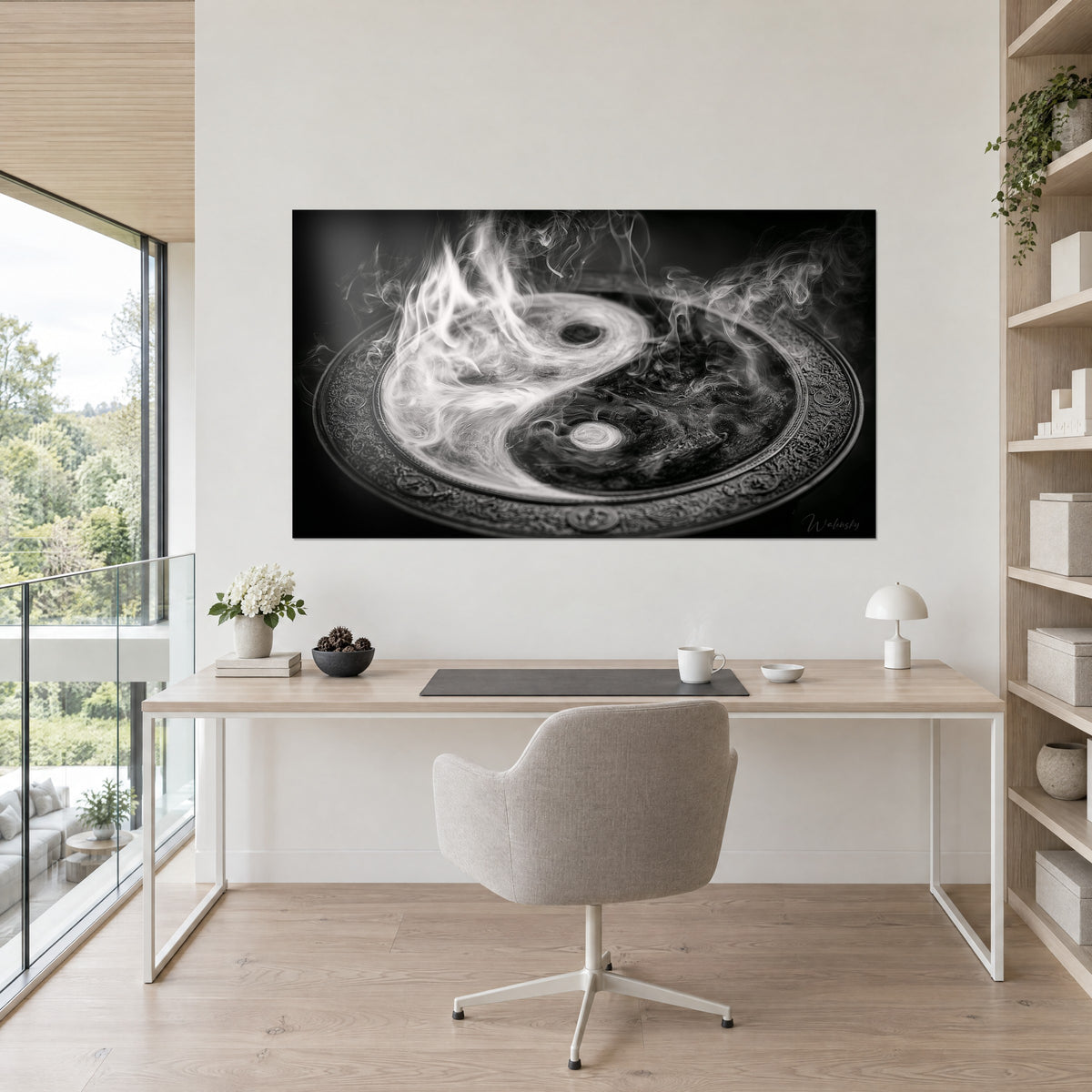 Wall art tao emblem in swirls of white mist and black ink, hung above a light desk and a beige chair