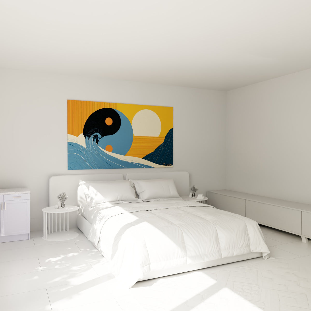 Symbole Yin Yang bleu et soleil ivoire au-dessus d'un lit dans une chambre claire