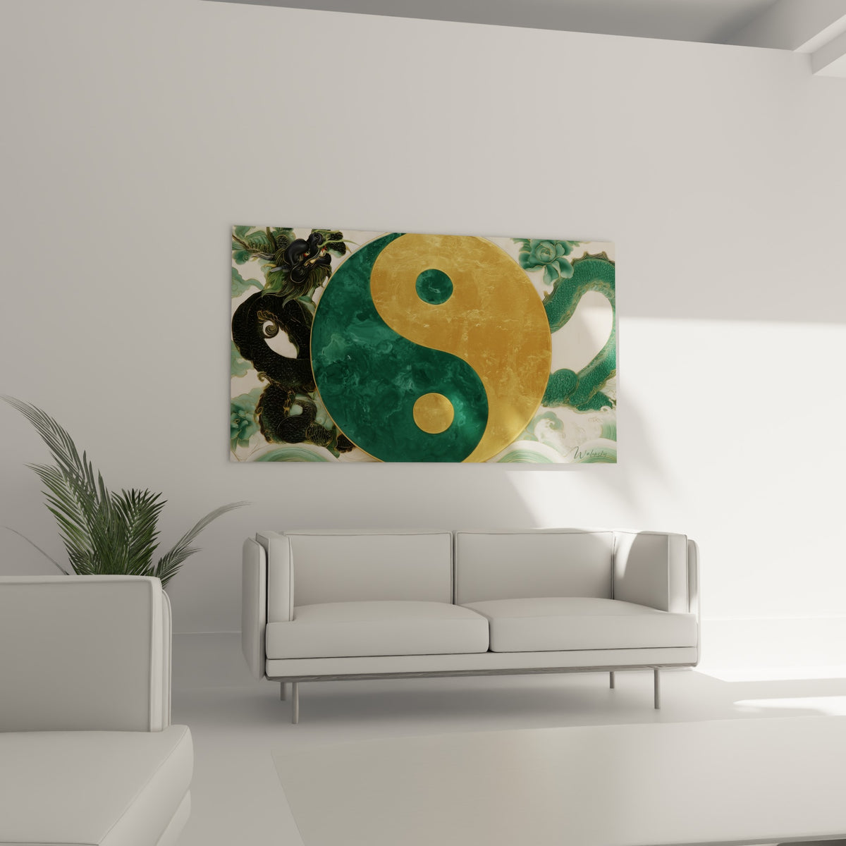 Gardien mythique noir et Yin Yang émeraude installés au-dessus d'un canapé dans un salon lumineux