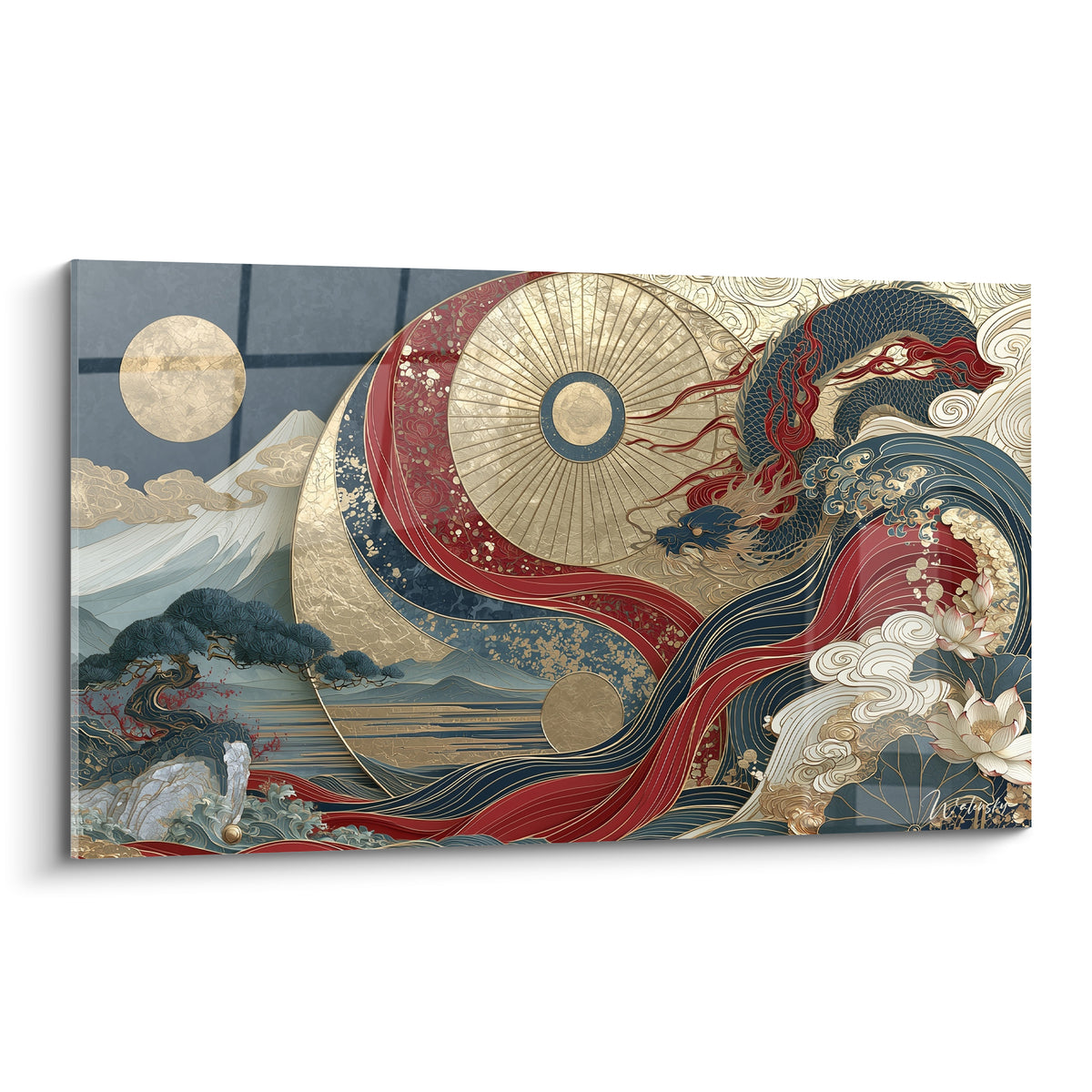 Dragon bleu marine et doré enroulé autour d'un cercle Yin Yang rouge terracotta sur fond de vagues