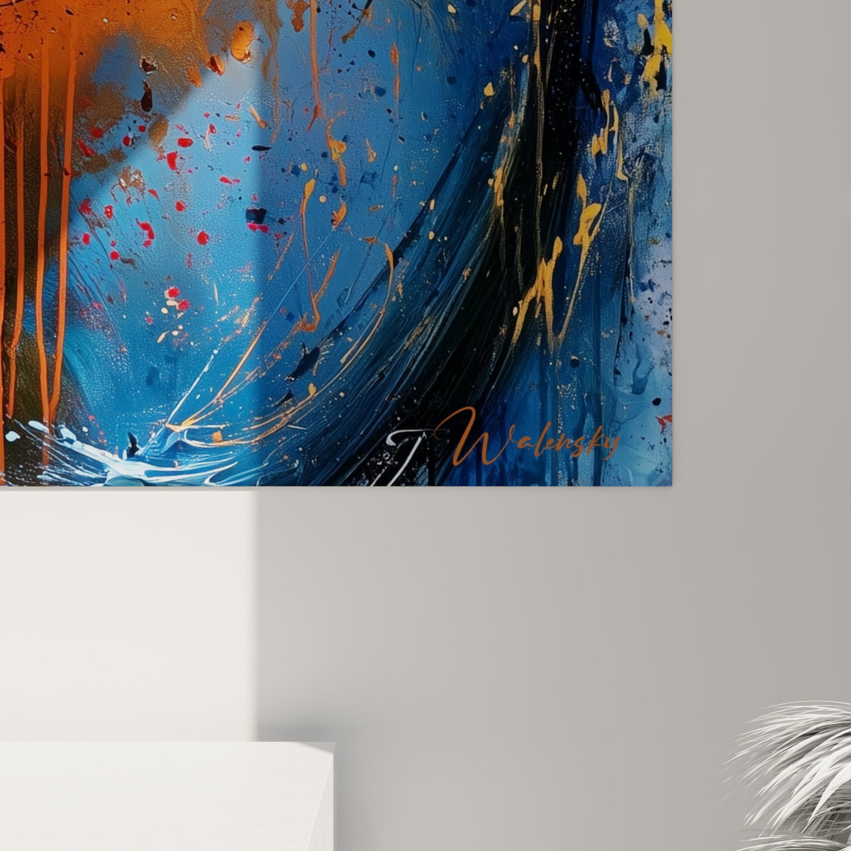 Empâtements orange et bleu marine du Yin Yang, coulures rouges et éclats blancs texturés en gros plan