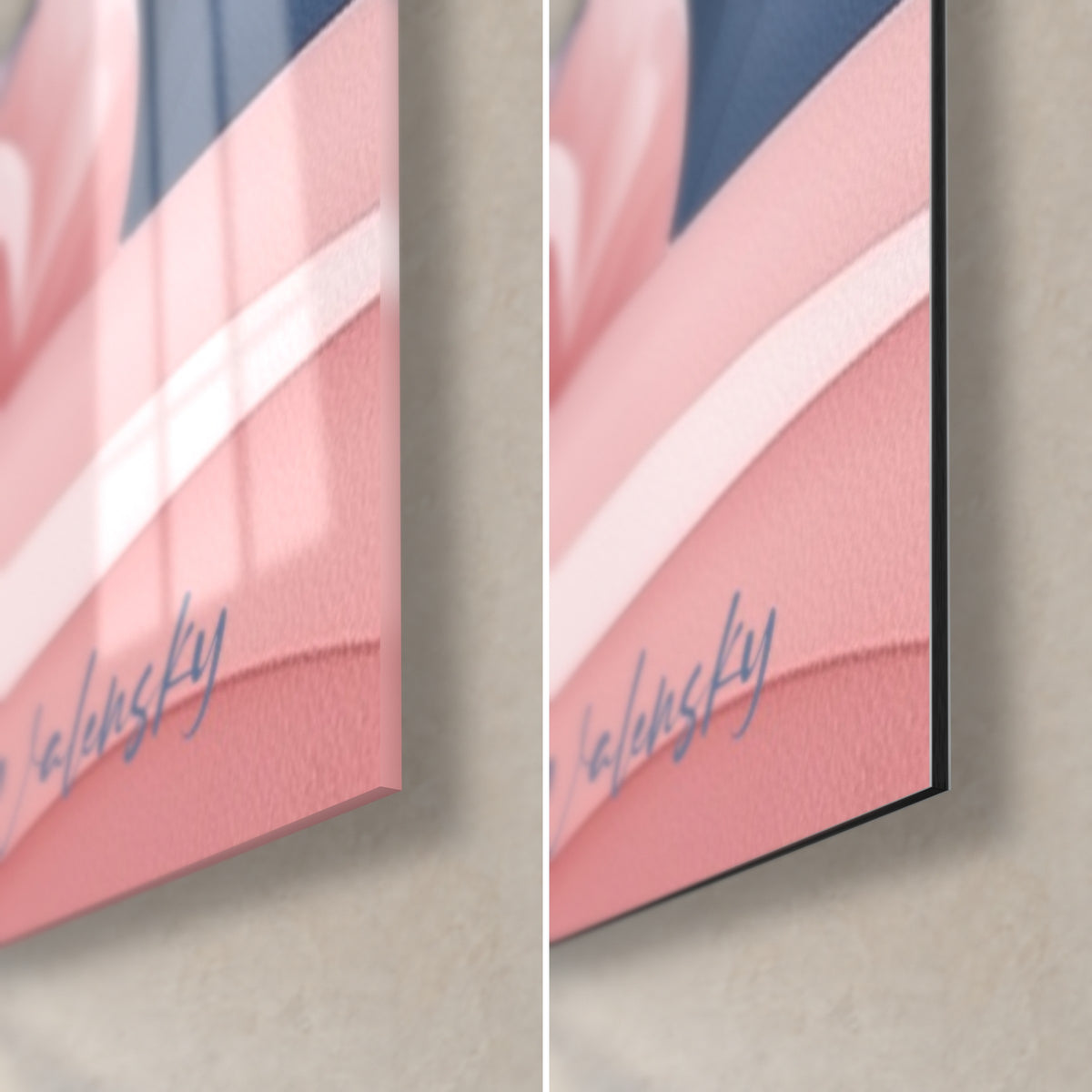 Quadro con doppio pesce koi rosa e blu, angolo in basso a destra: vetro acrilico lucido con riflessi, alluminio Dibond nero opaco, firma Walensky