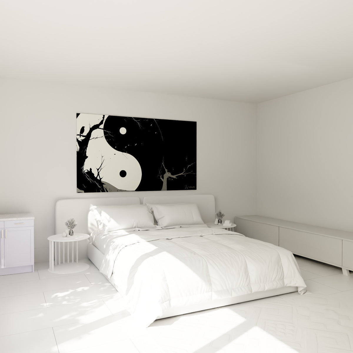 Corbeau et symbole Yin Yang noir ivoire au-dessus d'un lit dans une chambre claire