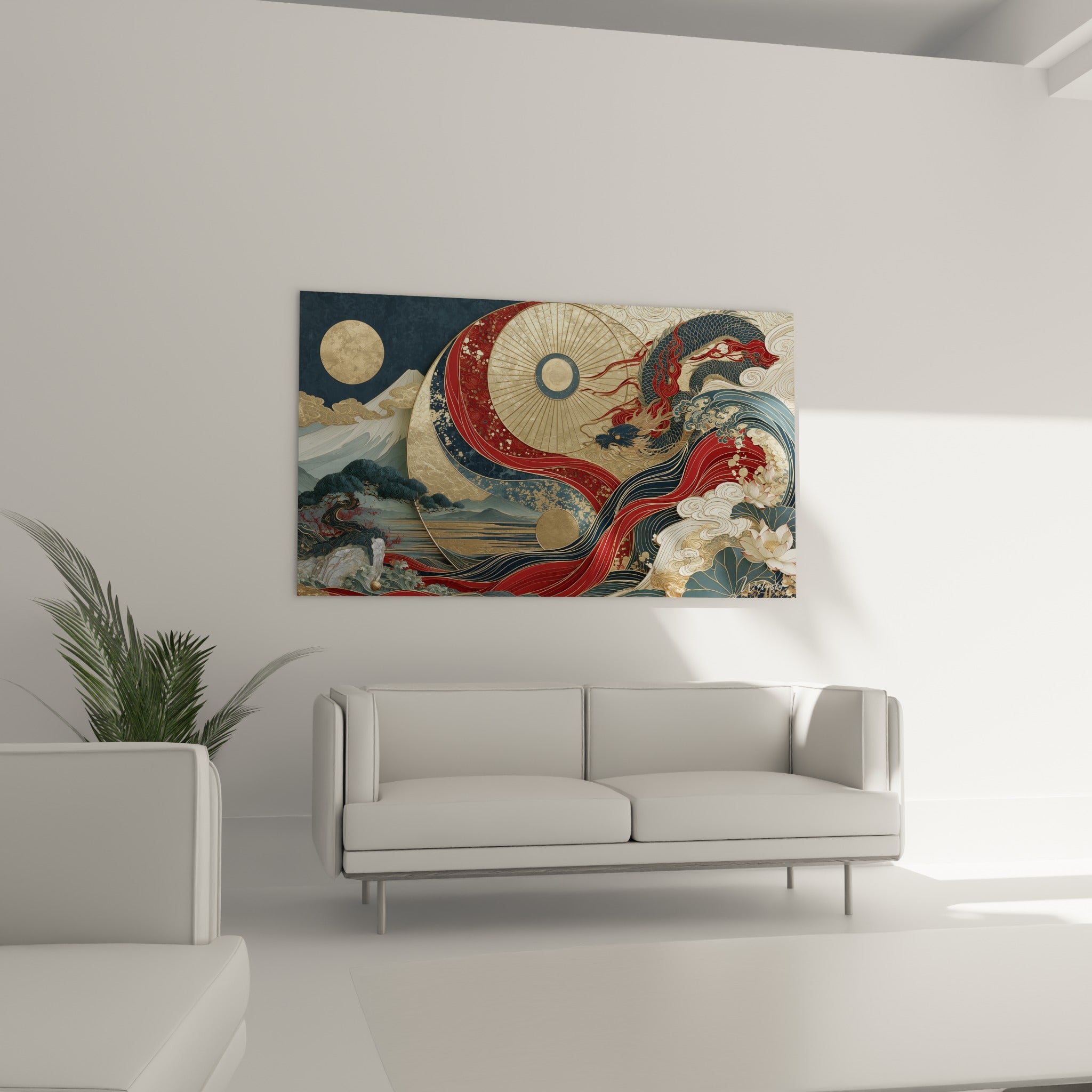 Mont Fuji enneigé et cercle doré du Yin Yang, disposés au-dessus d'un canapé dans un salon lumineux