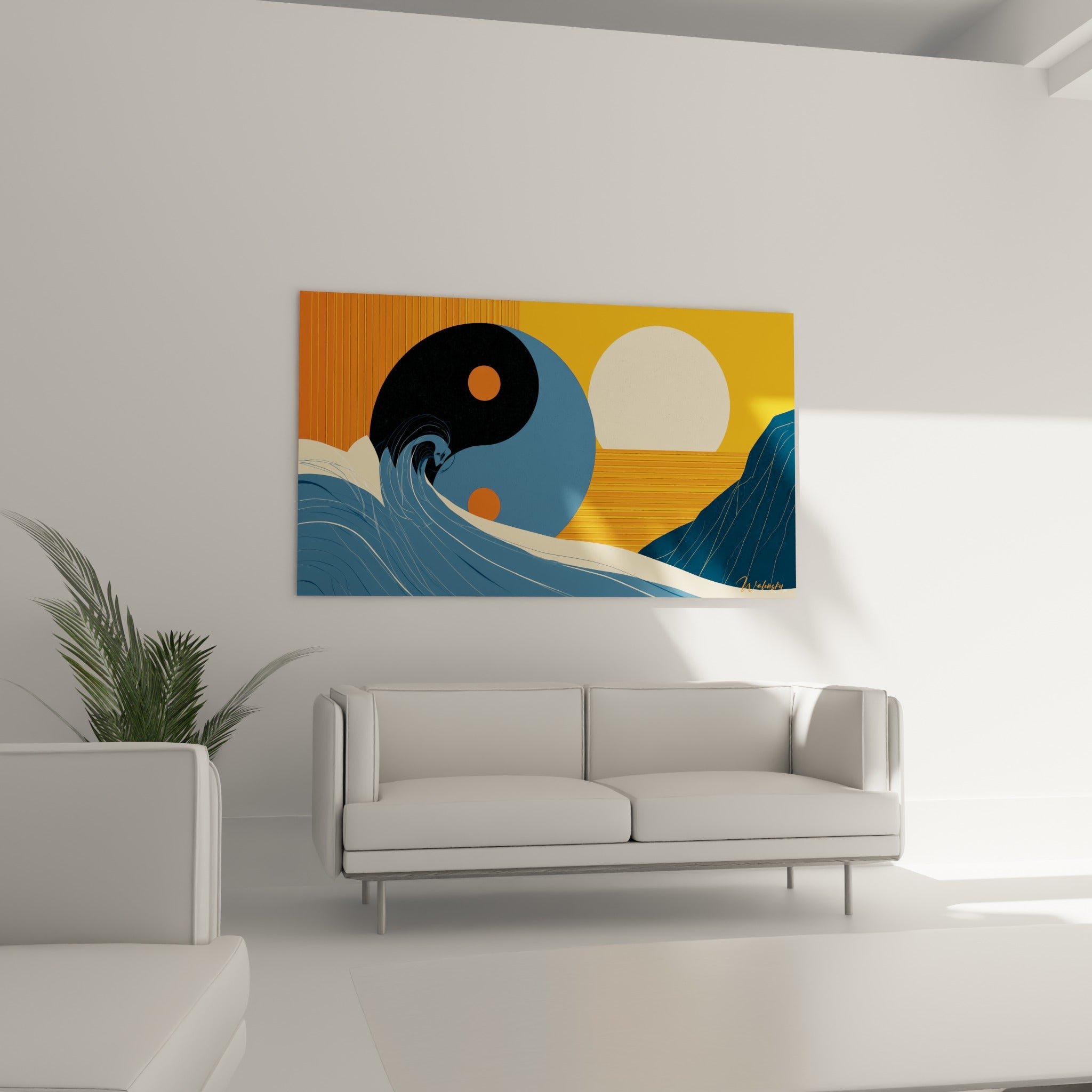 Vague déferlante bleu marine et soleil orangé du Yin Yang au-dessus d'un canapé dans un salon lumineux