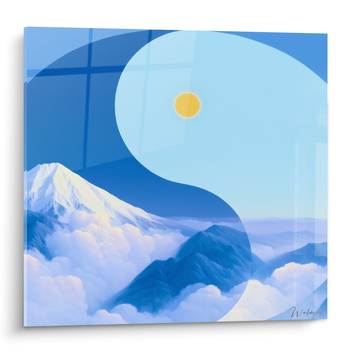 Sommet enneigé bleu marine et blanc dans un cercle Yin Yang, soleil doré immobile sur ciel pastel