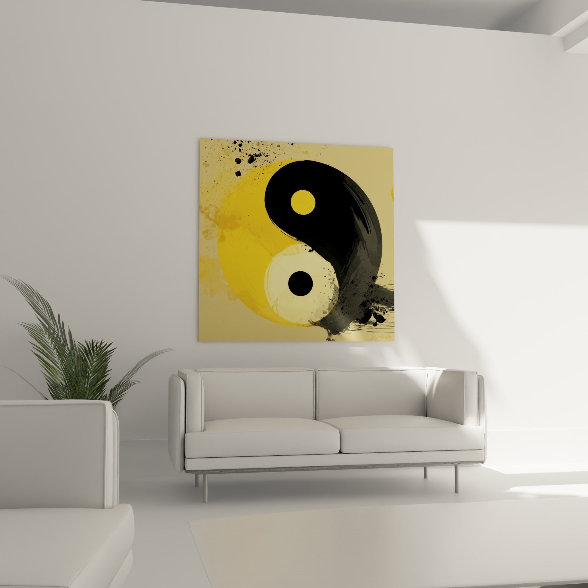 Yin Yang doré et noir profond, encre éclaboussée, au-dessus d'un canapé dans un salon lumineux