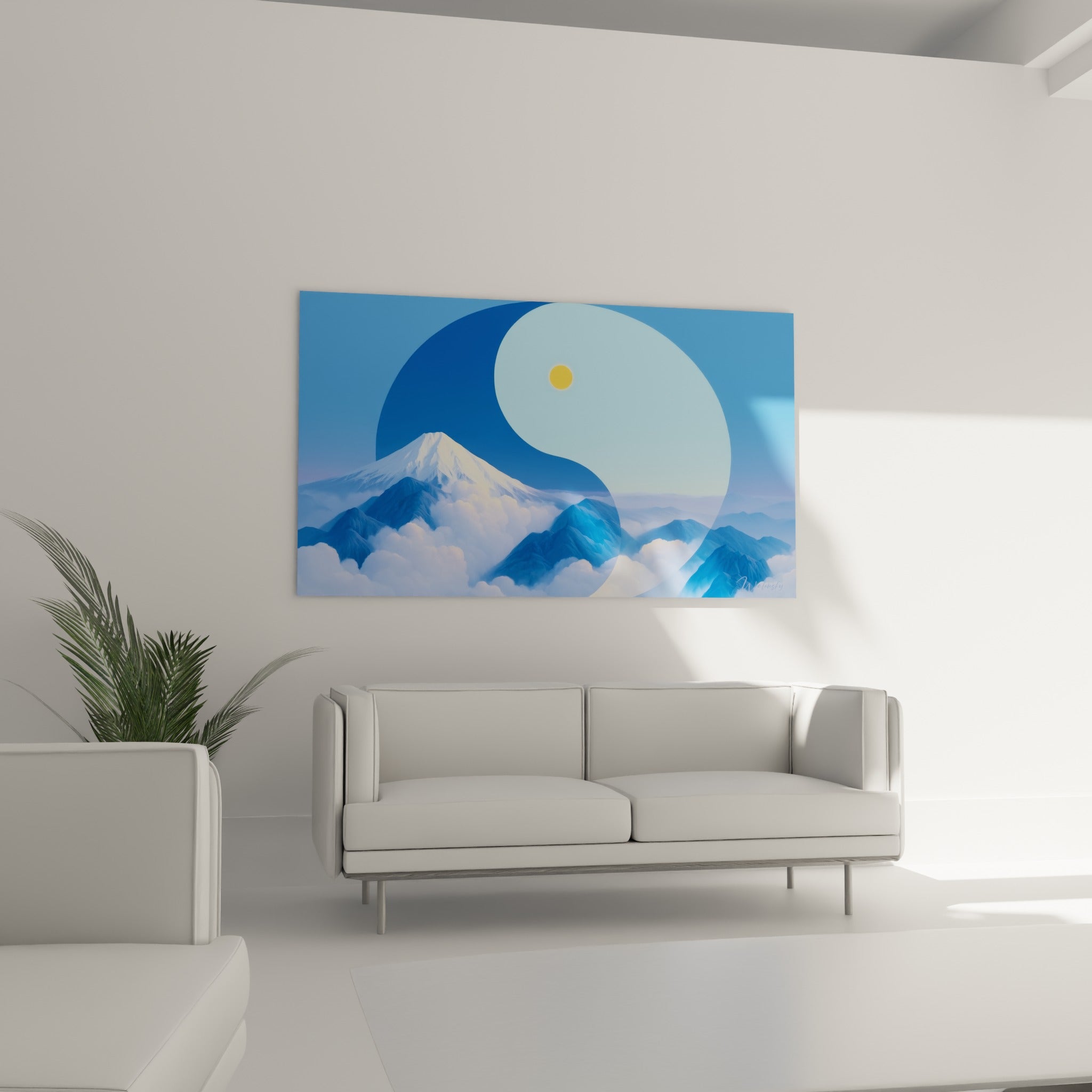 Montagne bleu marine sous brume blanche et cercle Yin Yang au-dessus d'un canapé dans un salon lumineux