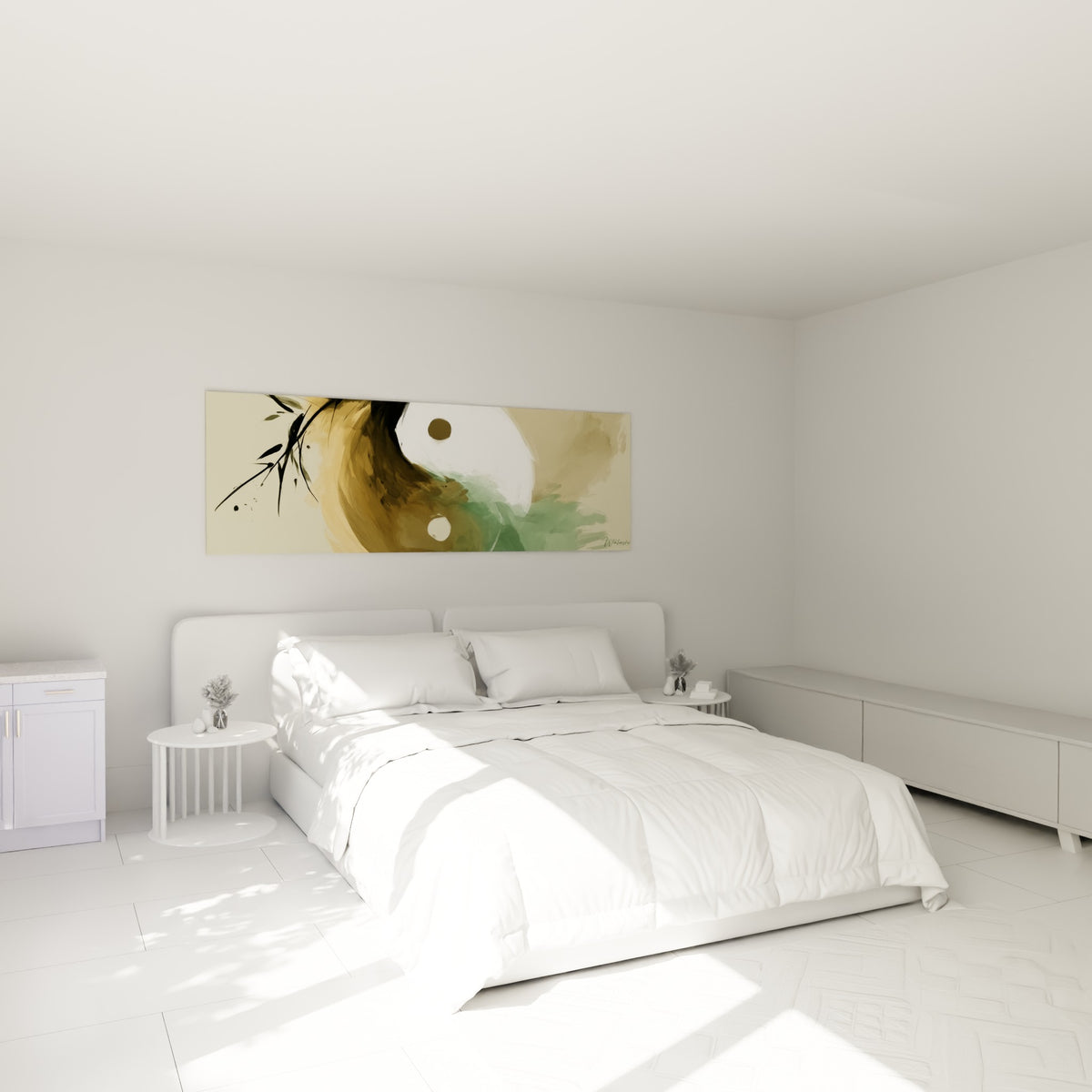 Yin Yang aux tons ocre et vert d'eau, symbole apaisant, au-dessus d'un lit dans une chambre claire