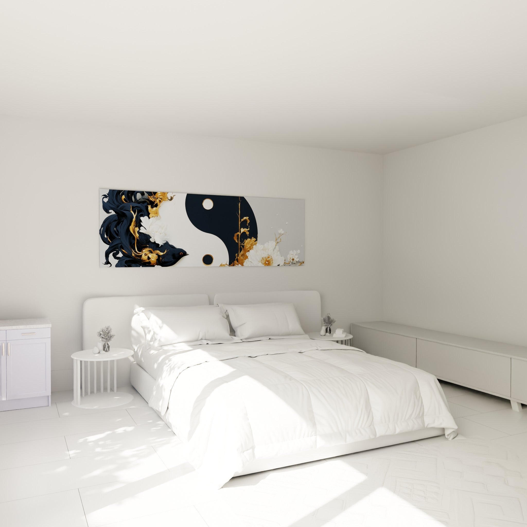 Pivoines blanches et symbole Yin Yang doré au-dessus d'un lit dans une chambre claire