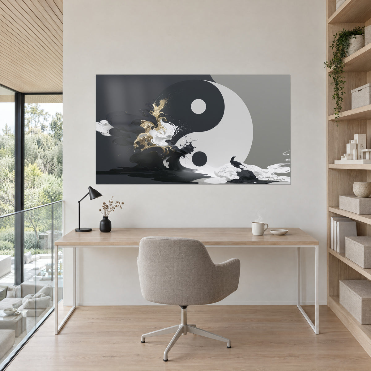 Tableau symbole de l'équilibre en noir et blanc, traînées d'or et oiseau sombre, accroché au-dessus d'un bureau en bois clair