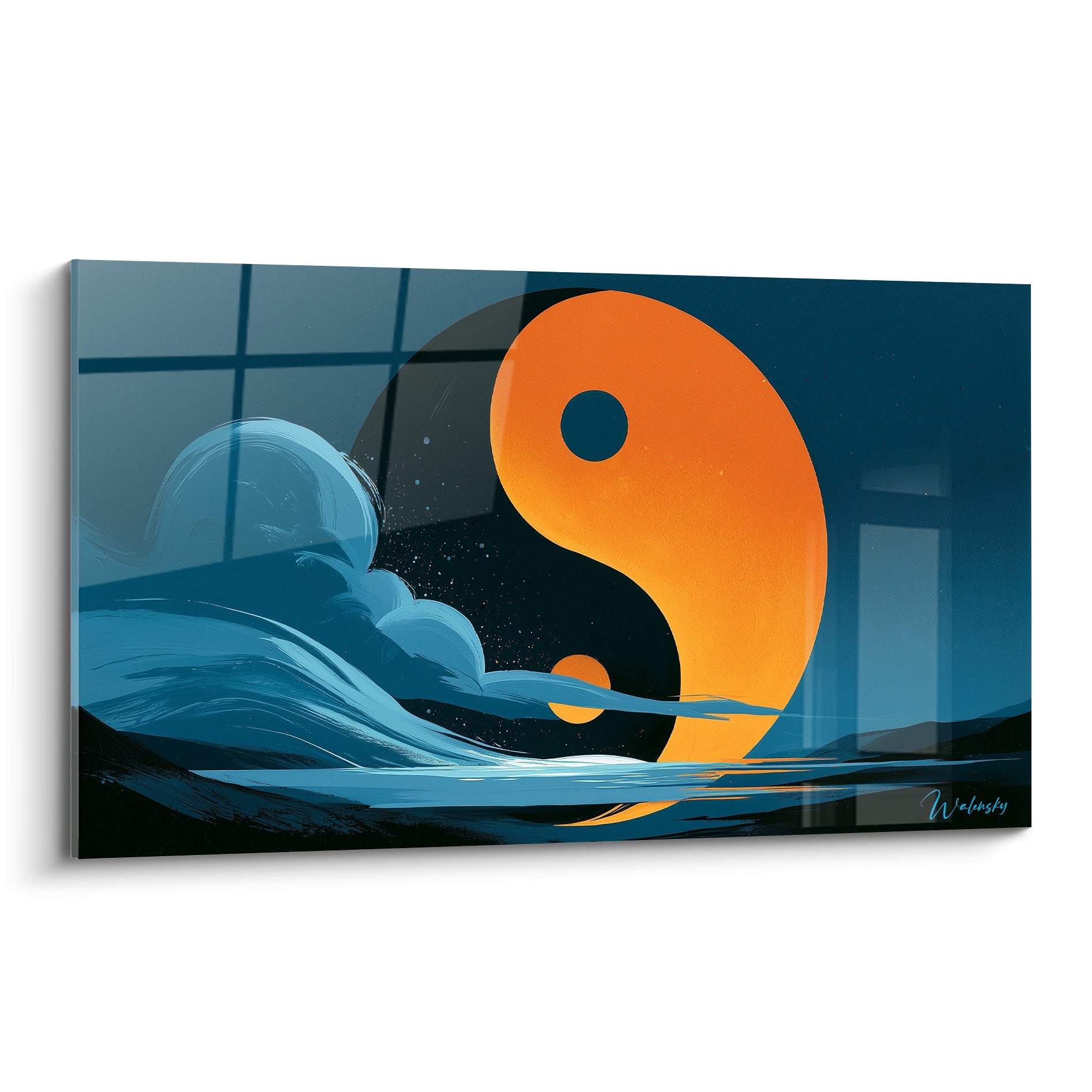 Symbole Yin Yang orange et bleu marine, vagues stylisées et ciel étoilé en arrière-plan