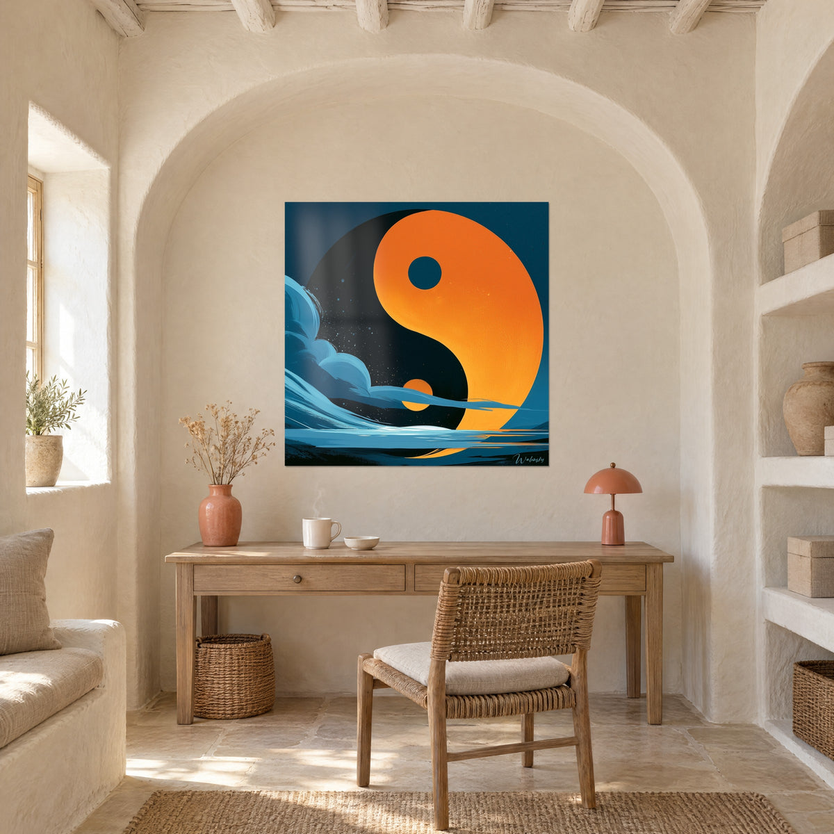 Tableau lune orange et cercle noir étoilé, ondulations bleu turquoise, mur voûté blanc d'un bureau méditerranéen