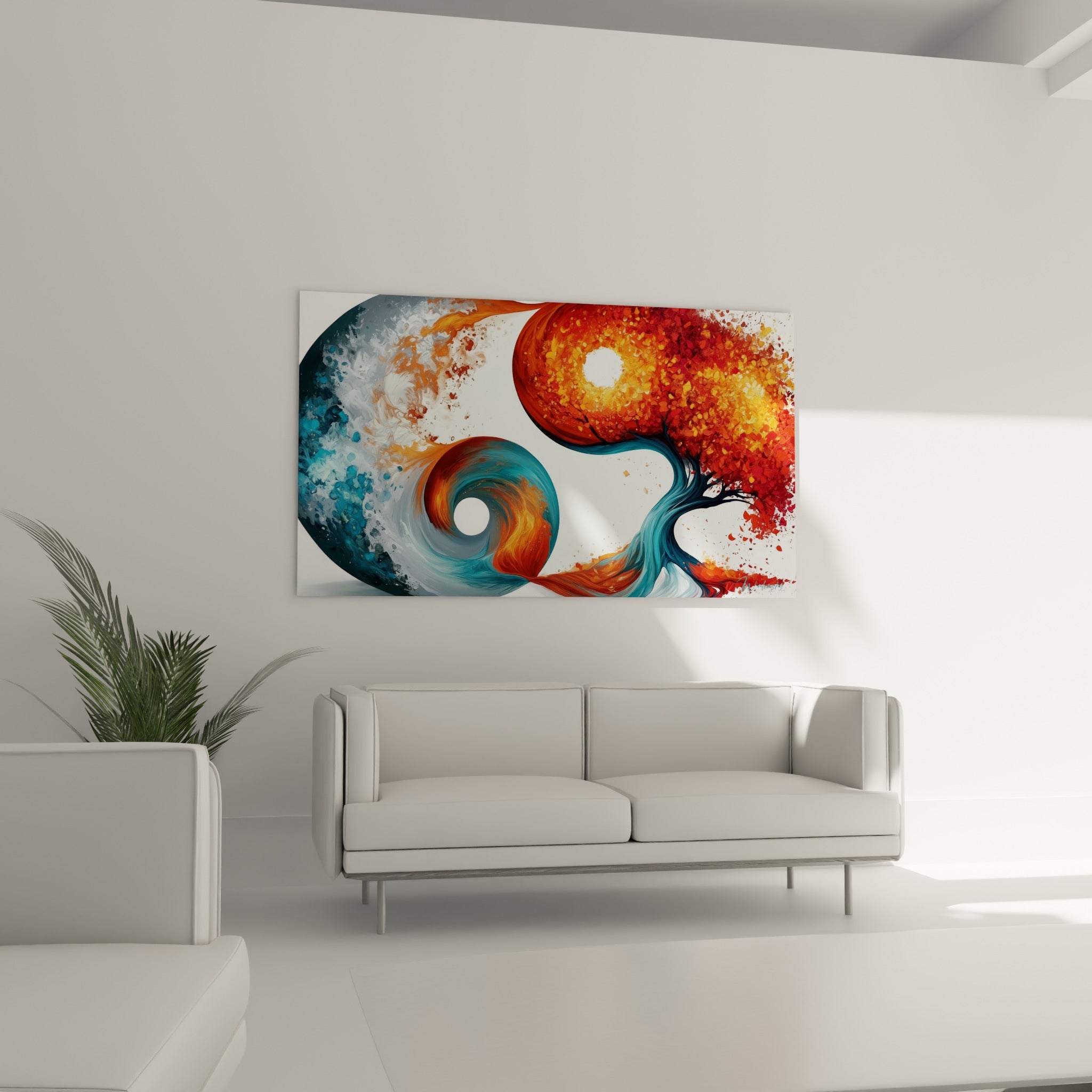 Tourbillon Yin Yang orange et bleu pétrole disposé au-dessus d'un canapé dans un salon lumineux