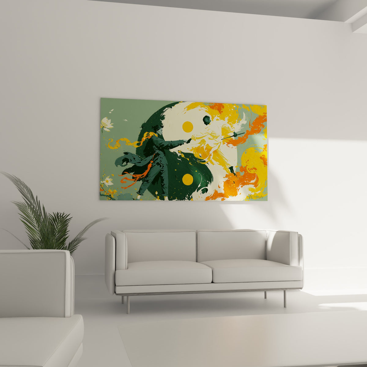 Silhouettes Yin Yang blanc crème et vert profond disposées au-dessus d'un canapé dans un salon lumineux